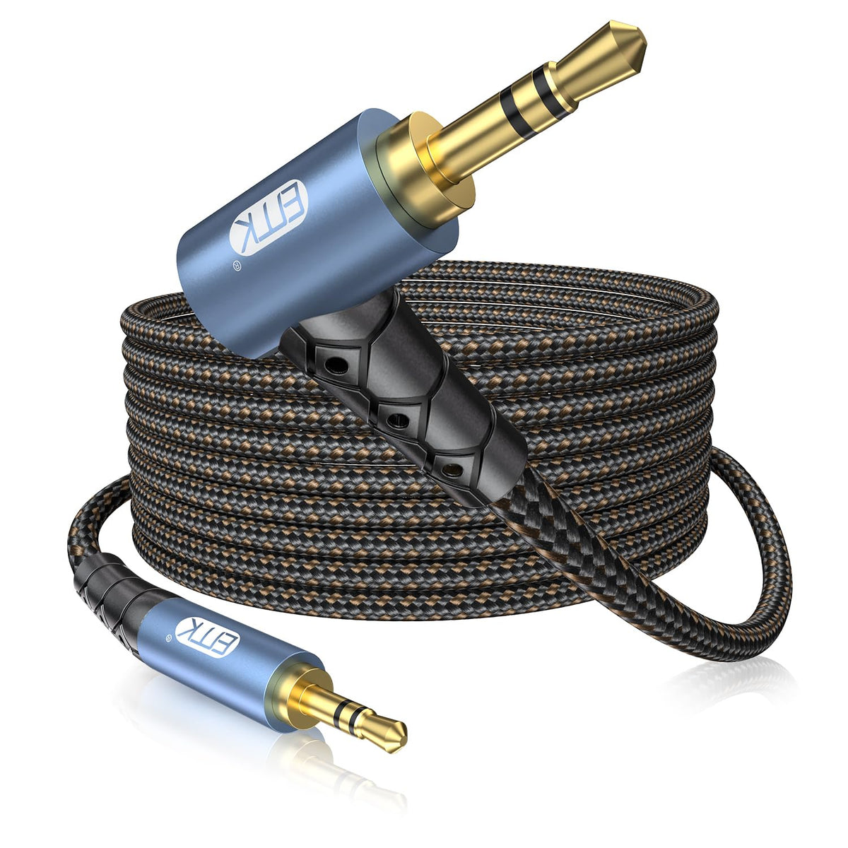 EMK 90 Degree Aux Cable 3.5 mm Auxiliary Cord Male to Male Stereo Aux Cable for Car 24K Gold Plated Hi-Fi Sound Quality Nylon Braided for Laptop Phone Tablet MP3 Player Stereo Speaker (15ft/5m)