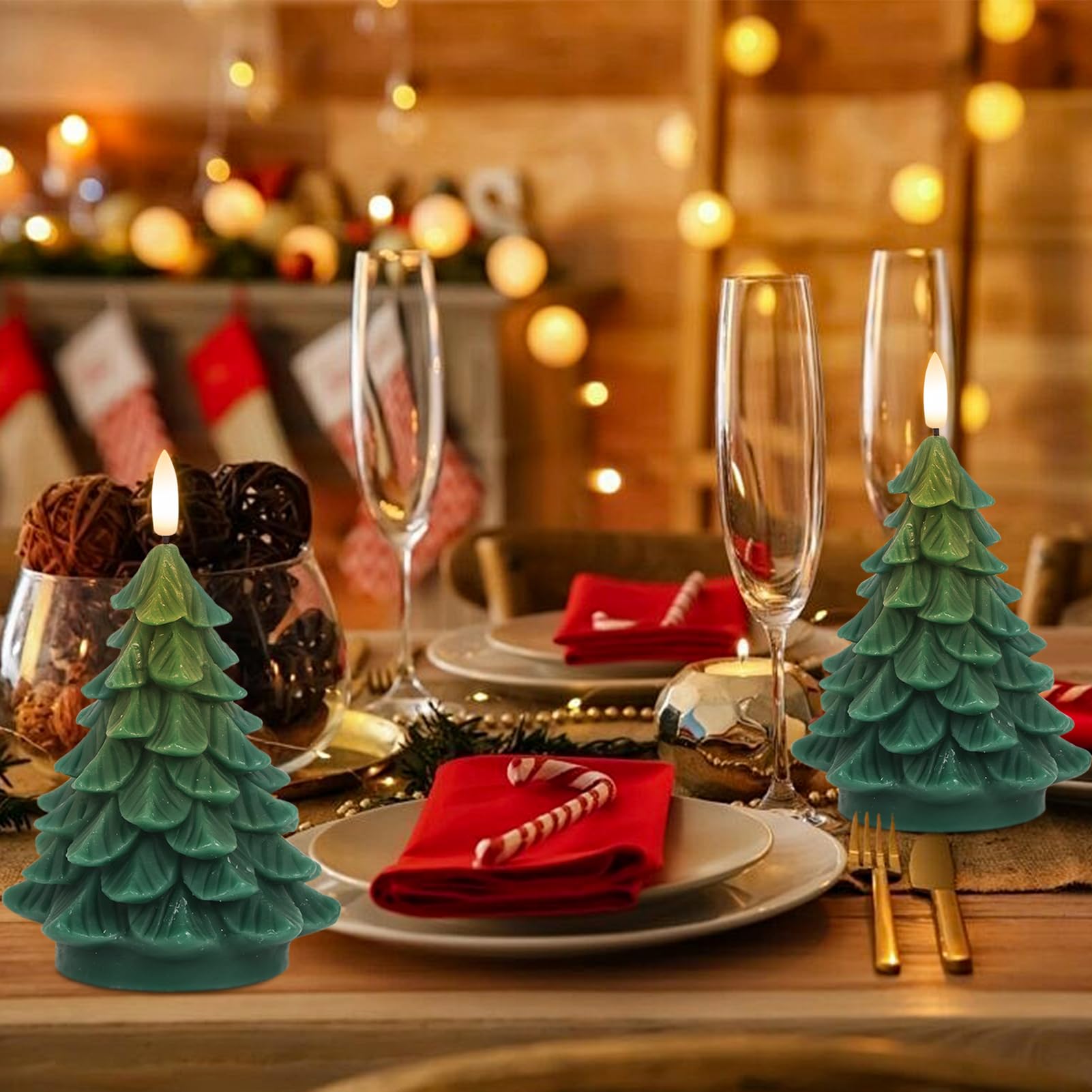 Wondise Christmas Tree Flameless Candles Timer, 2 Packs Green Real Wax Battery Operated 3D Wick Led Flickering Candles Realistic