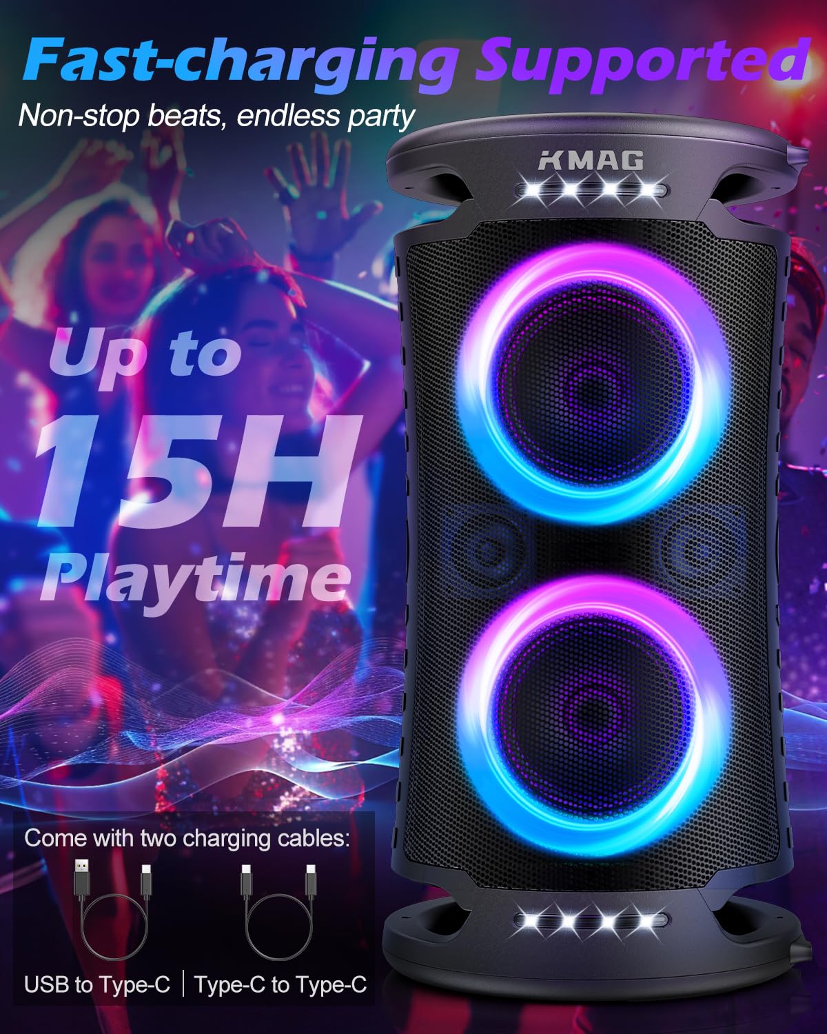 Large Bluetooth Speaker, 260W Peak Powerful Loud Sound With Deep Bass, Portable Outdoor Speaker Wireless, 15Hr Playtime, Fast Ch