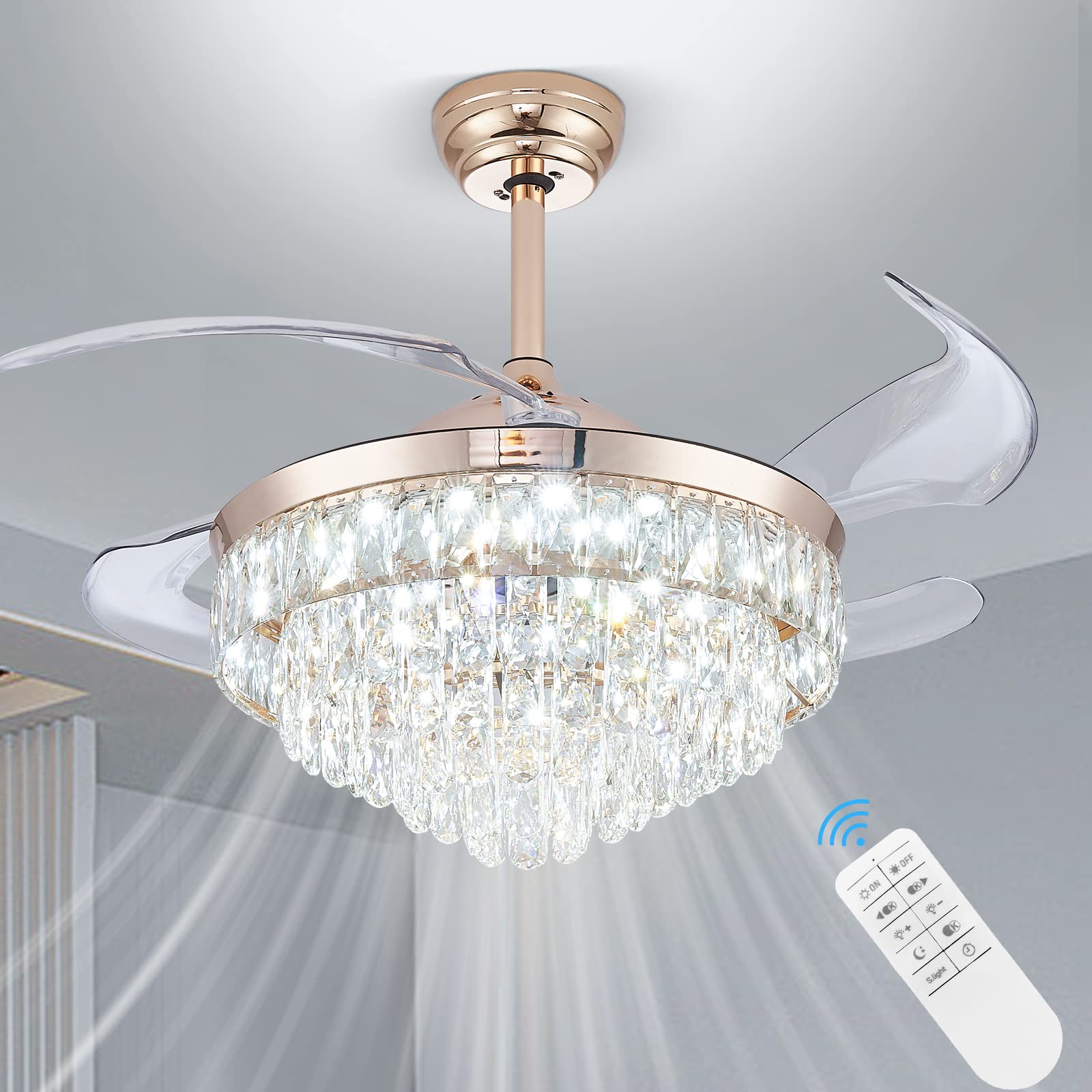 CLAIRDAI 42 Dimmable Ceiling Fan with Light and Remote Crystal Modern Chandelier Fan Retractable Fandelier with Memory, Silent