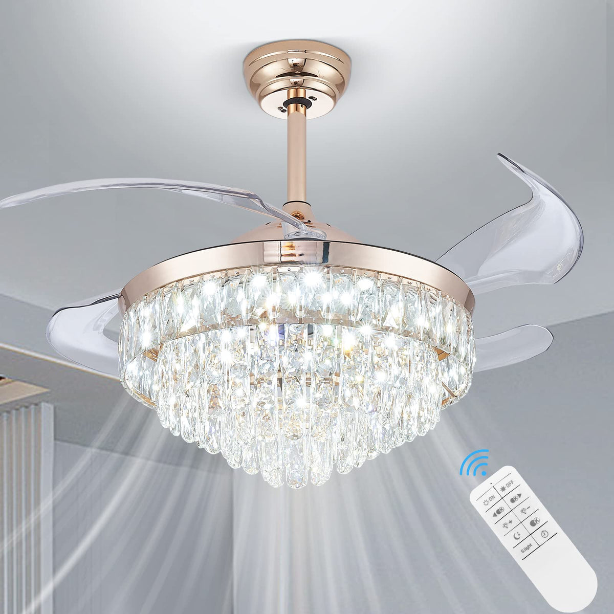 Clairdai 42'' Dimmable Ceiling Fan With Light And Remote Crystal Modern Chandelier Fan Retractable Fandelier With Memory, Silent