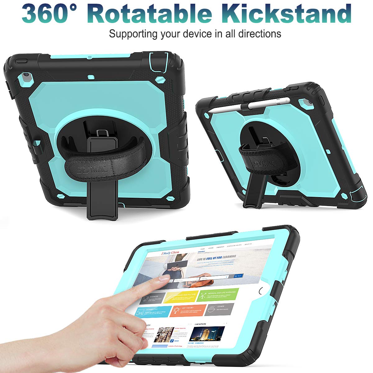 Seymac Stock Ipad 9Th/8Th/7Th Generation Case, [Full Body] [Drop Proof] Case With [Screen Protector] [360 Rotate Stand] Hand Str