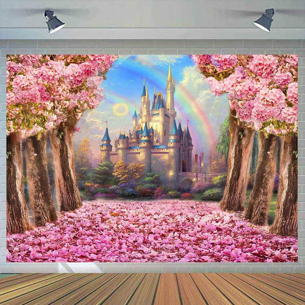 Castle Backdrop 7X5Ft Spring Pink Sakura Flowers Washable Polyester Photography Background Wedding Birthday Party Princess Photo