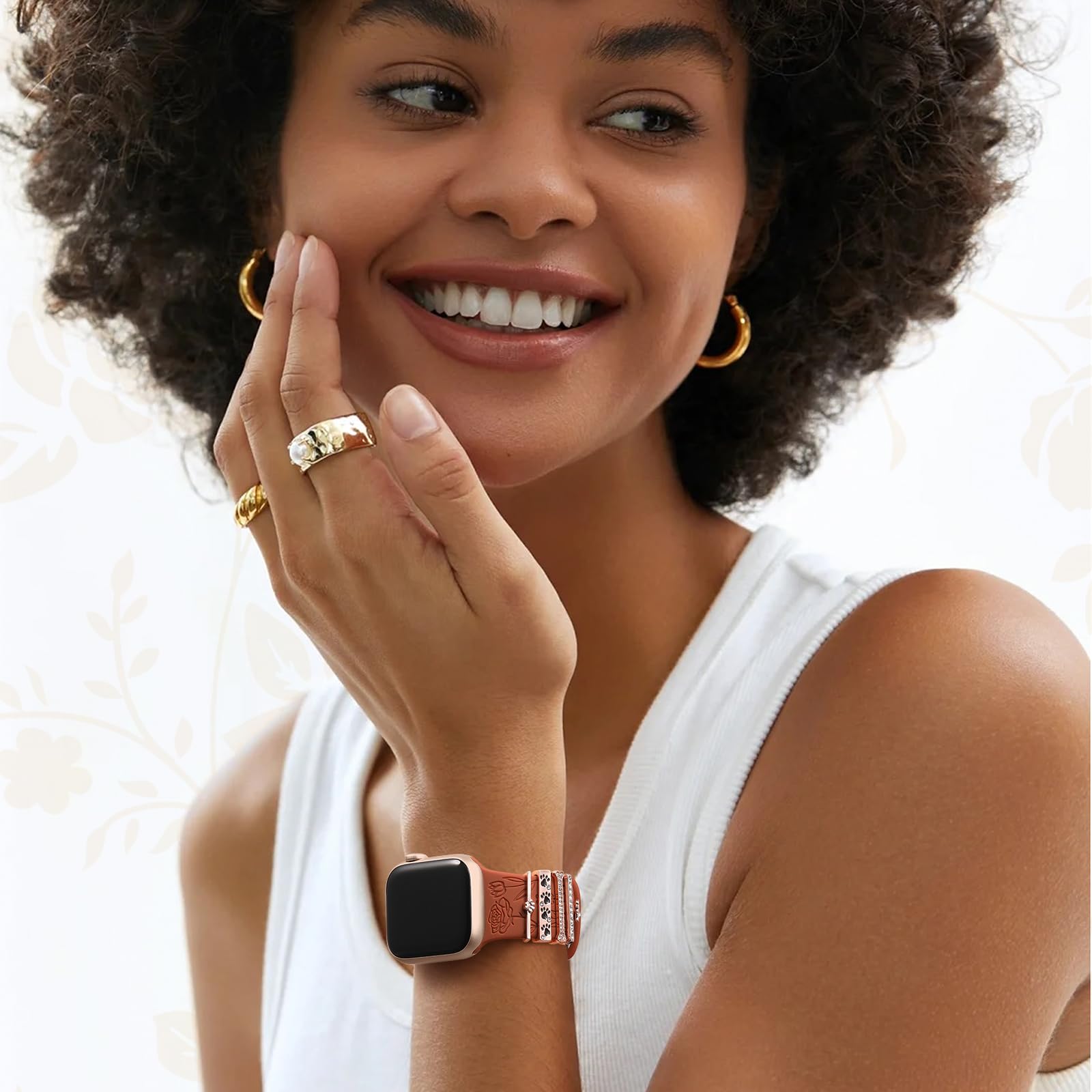 Daqin Flower Engraved Band Compatible With Apple Watch Bands For Women 40Mm 38Mm 41Mm 42Mm, Soft Silicone Band With Decorative A