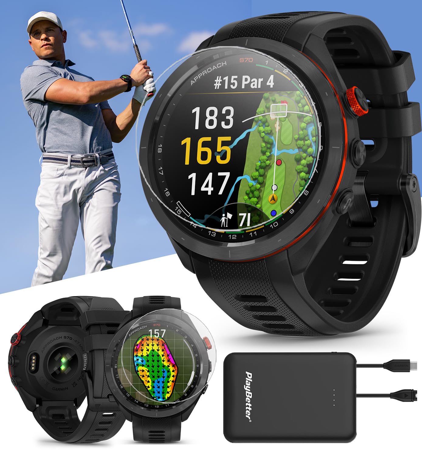 Garmin Approach S70 (Black, 47Mm) Golf Gps Watch Bundle - Amoled Display, Virtual Caddie & Playslike Distance - Includes Playbet