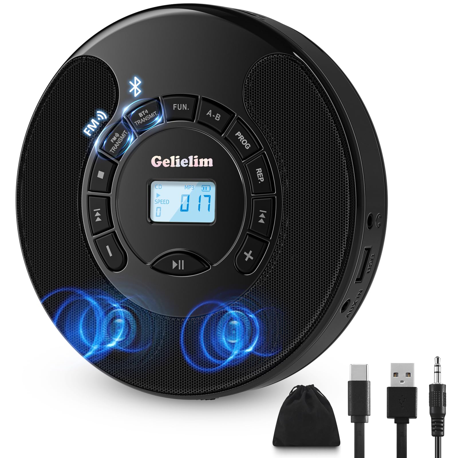 Gelielim Portable CD Player, CD Player for Car with Bluetooth and FM Transmitter, CD Music Player with Dual Stereo Speakers, Ant