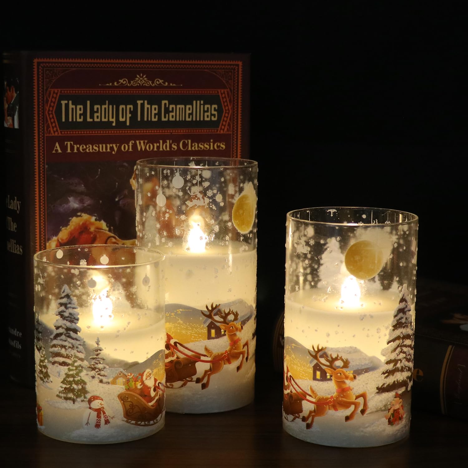 Dromance Santa Claus Glass Flameless Candles Battery Operated Remote And Timer Real Wax Led Flickering Pillar Candles White Cold
