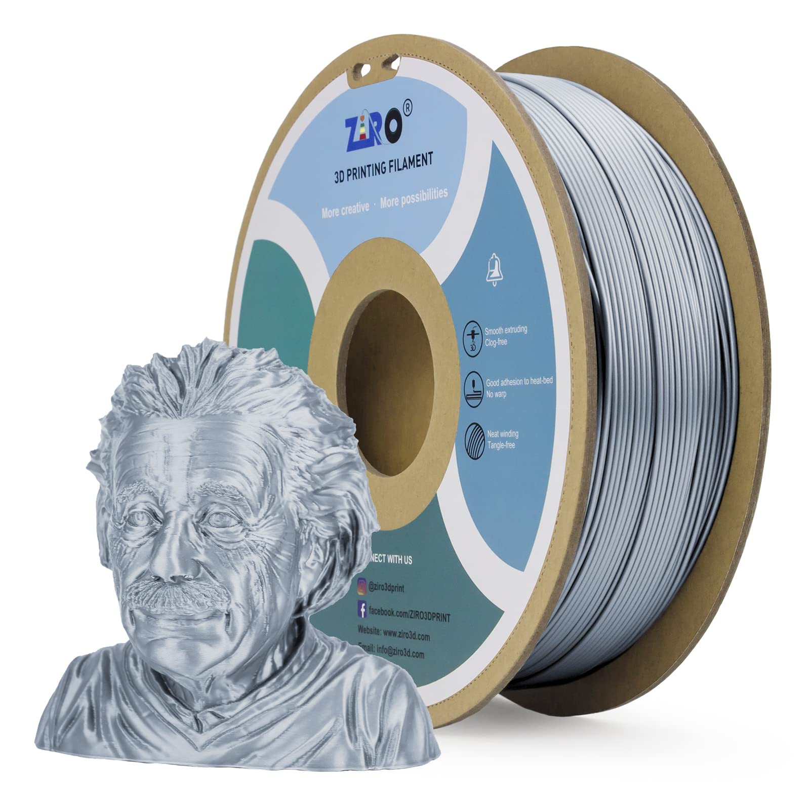 Ziro Pla Metal Filament 1.75Mm,3D Printer Filament Pla Pro Metal Silver 1.75 1Kg(2.2Lbs), Dimensional Accuracy +/  0.03Mm,Silver