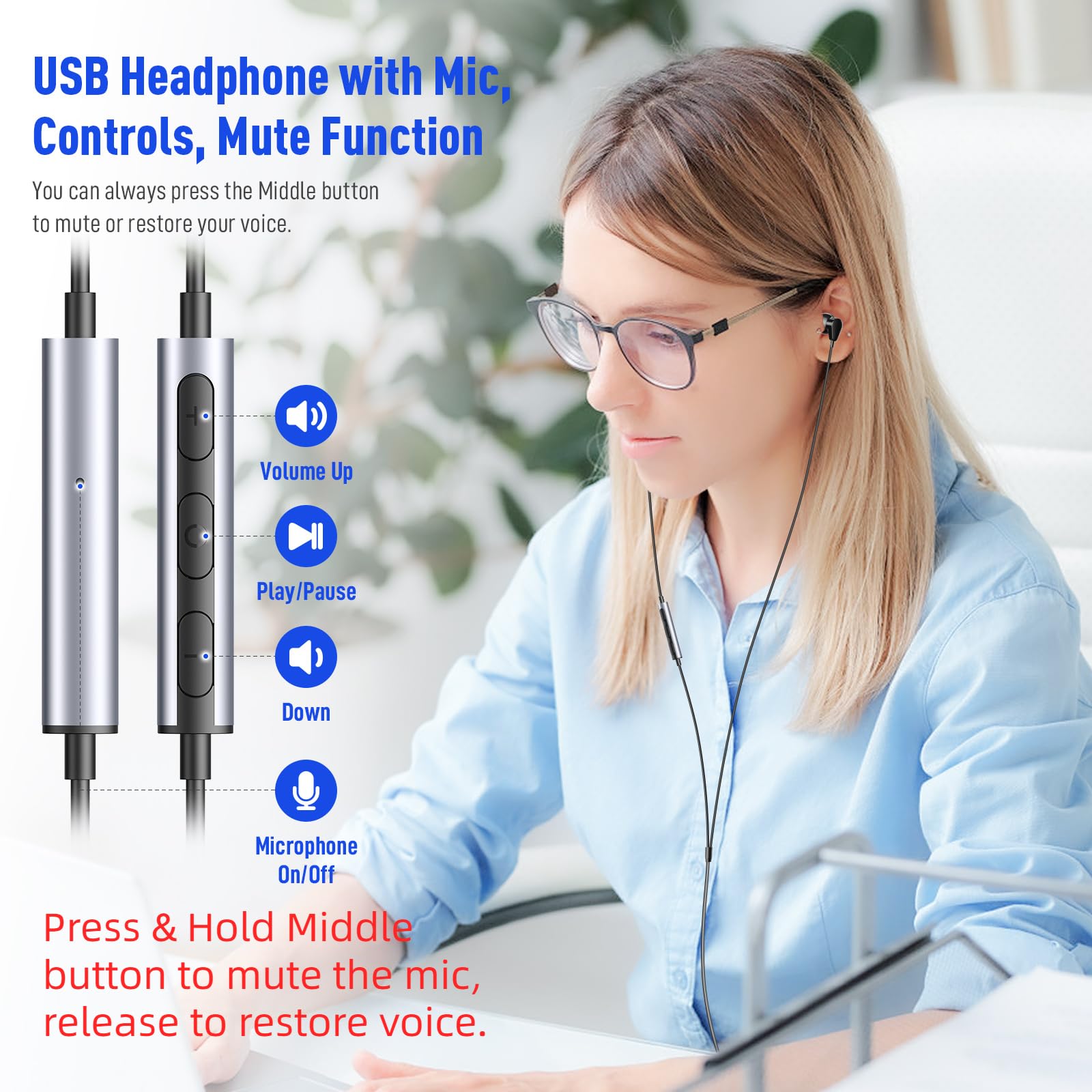 Usb Headphone For Pc Laptop Magnetic 2.3M Wired Earbuds Computer Headset With Microphone Control Mute Mic Noise Canceling In Ear