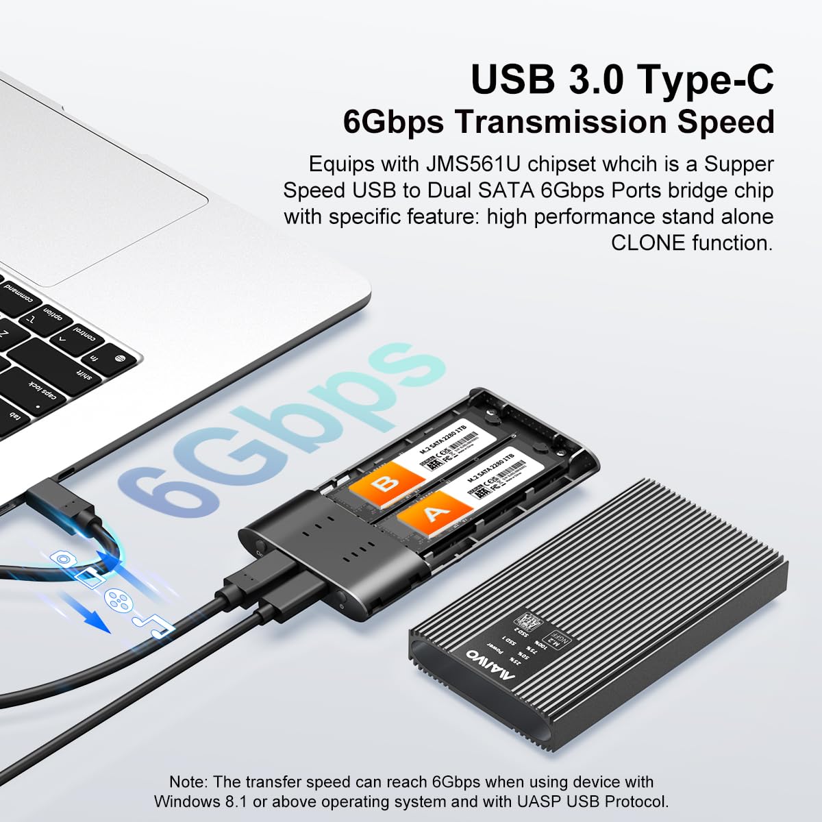 Maiwo M.2 Sata Ngff Duplicator Cloner, Dual Bay Enclosure For M.2 Sata Ngff Ssd With Offline Clone, Usb 3.1 Type C 6Gbps Speed, 8Tb Capacity