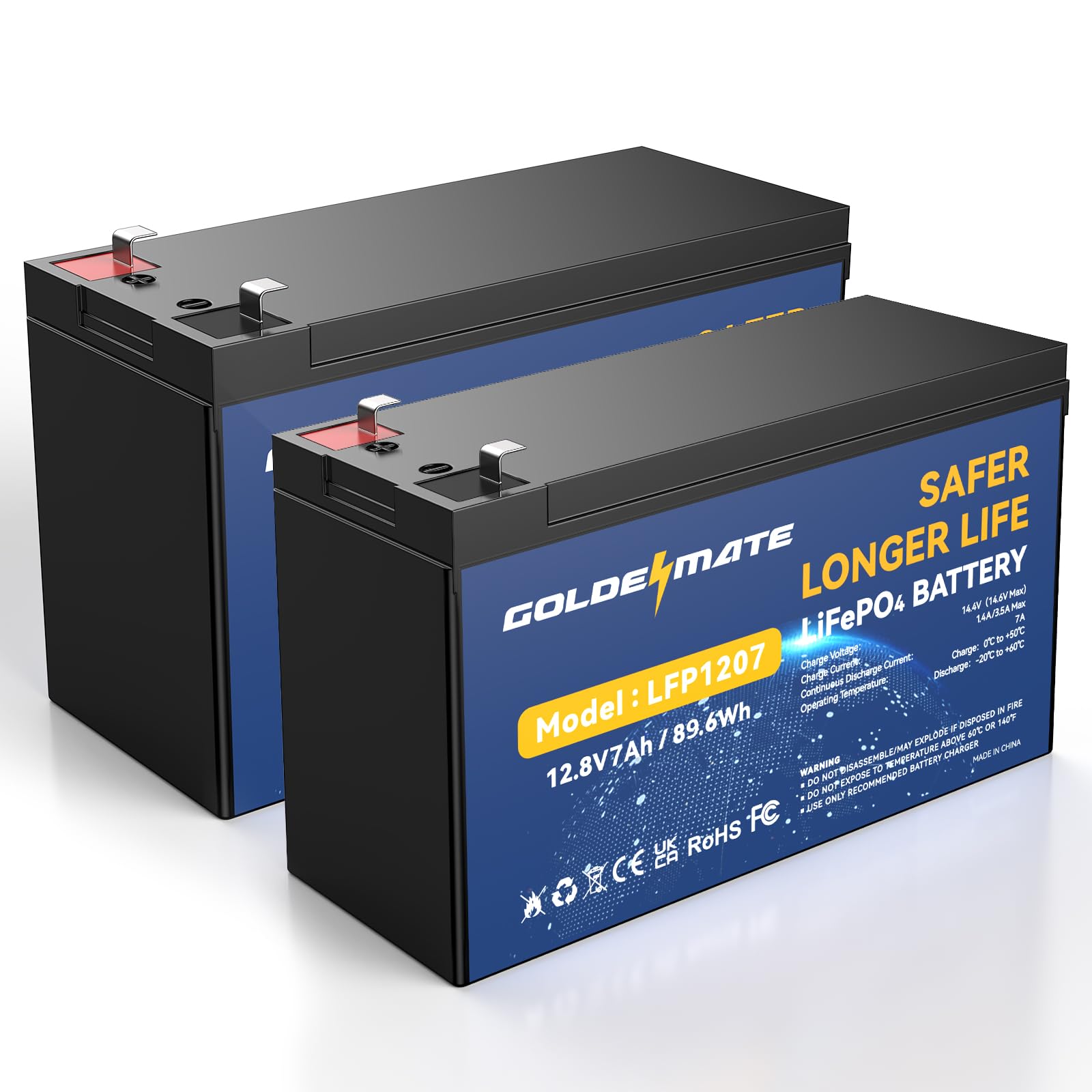 GOLDENMATE 12V 7Ah Lithium LiFePO4 Battery (2 Pack), 5000+ Cycles Lithium Iron Phosphate Rechargeable Battery, Built-in 15A BMS,