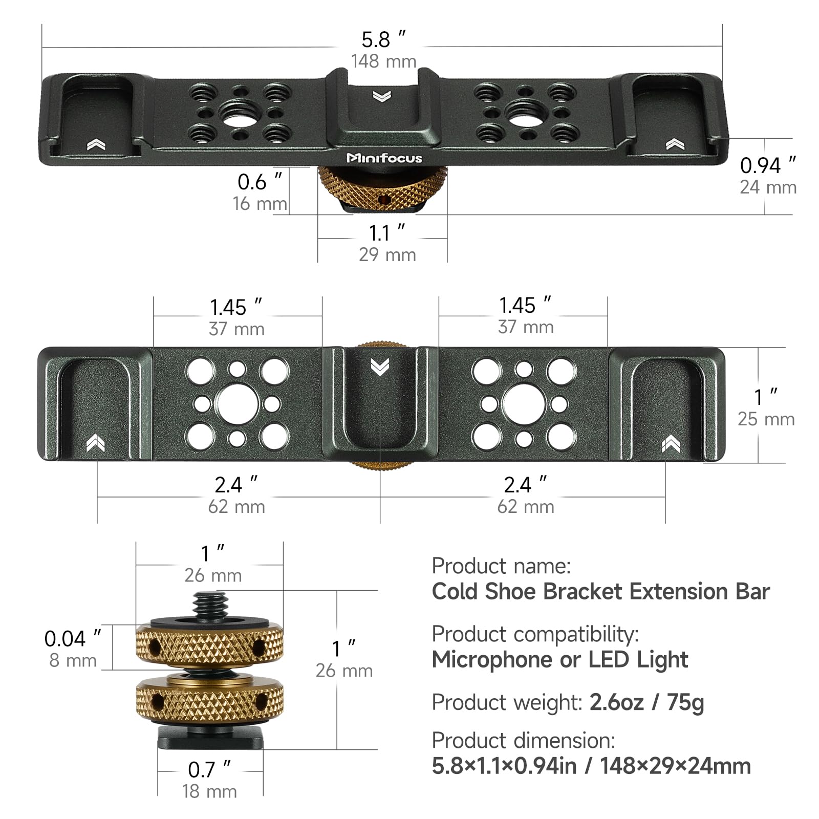 Minifocus Triple Cold Shoe Extension Bar Mount, Aluminum Alloy Hot Shoe Mount Bracket With 1/4 Thread Holes For Dslr Camera Micr