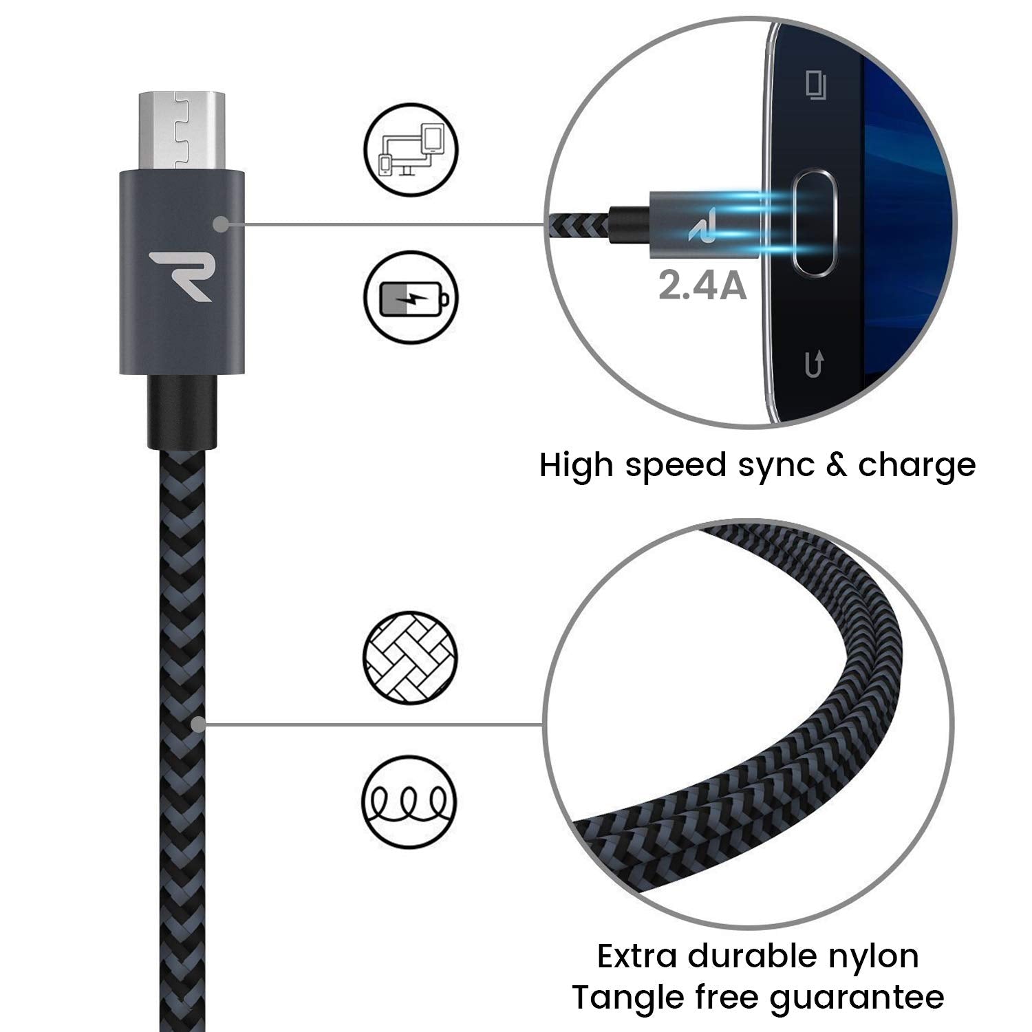 Rampow Micro Usb Cable 10Ft, Extra Long Charging Cord, Qc 3.0 Fast Charge & Sync Usb Cable, Braided Android Charger Cable For Sa