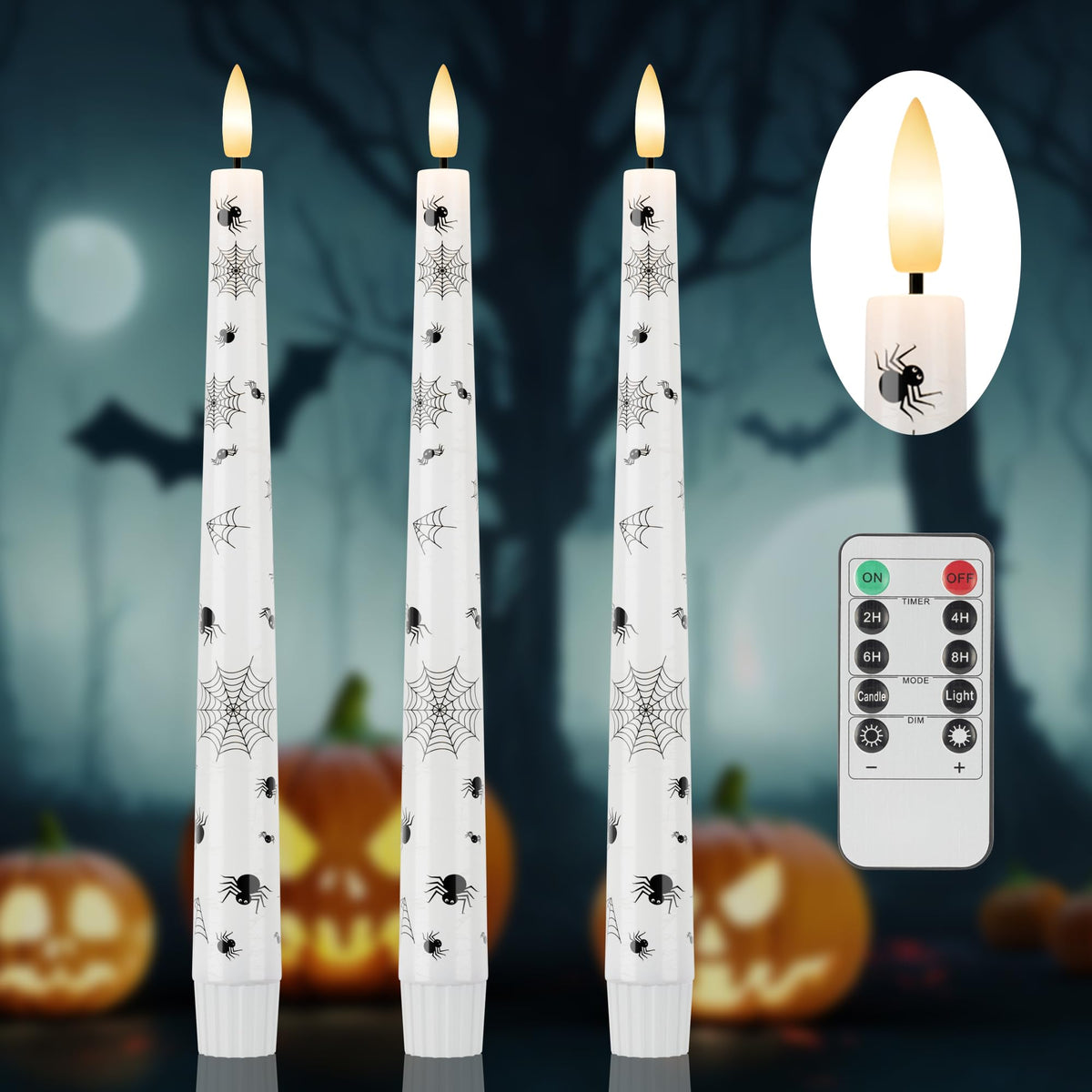 Afineth Halloween Candles With Spider Web, Spider, 9.6   Real Wax Flameless Taper Candles With Remote & Timer, 3 Pack Battery Op