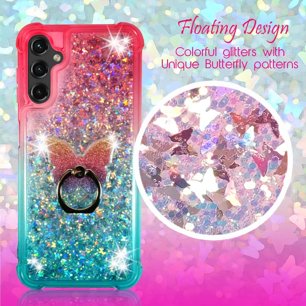 Zase Samsung A14 5G Clear Phone Case Liquid Glitter Sparkly Cute Floating 3D Butterflies Bling Design For Galaxy A14 Shockproof
