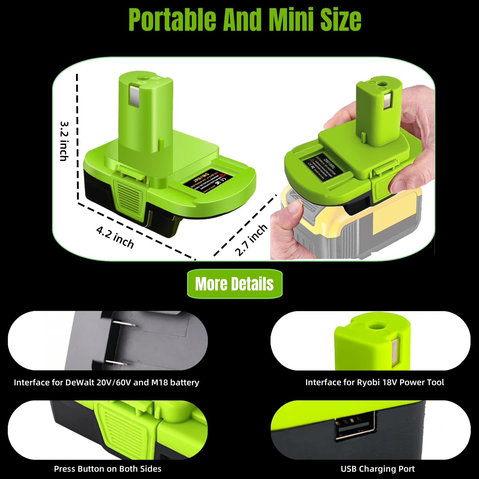 For Dewalt To Ryobi Battery Adapter, Convert For Dewalt To Work For Ryobi 18V P107 P108 Battery Tools, With 5V 2.1A Max Usb Outp