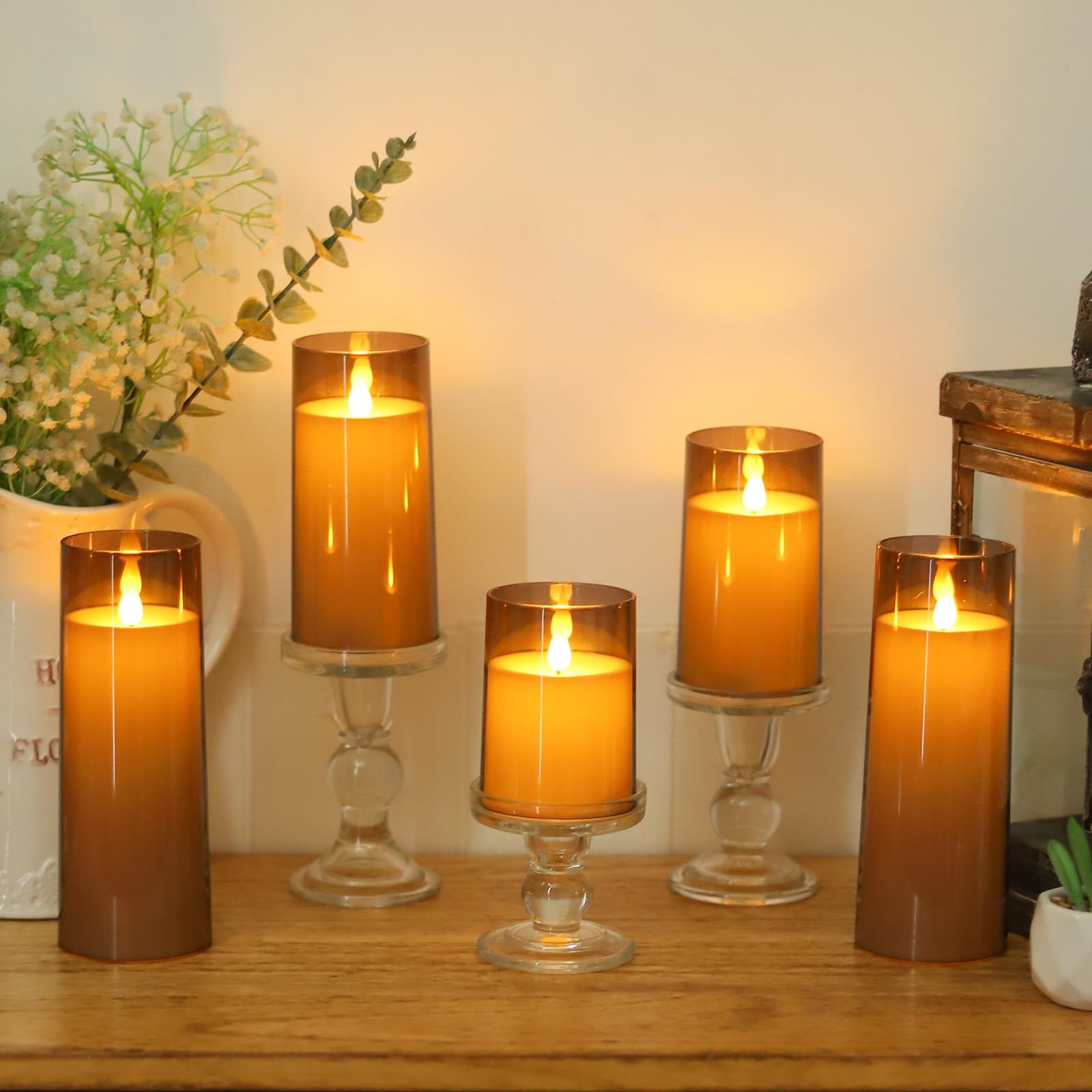Fo32Won Grey Led Flameless Pillar Candles Battery Operated With Remote And Timer, Set Of 5 (D 3''?H 4'' 5'' 6'' 8'' 8'') Plexigl