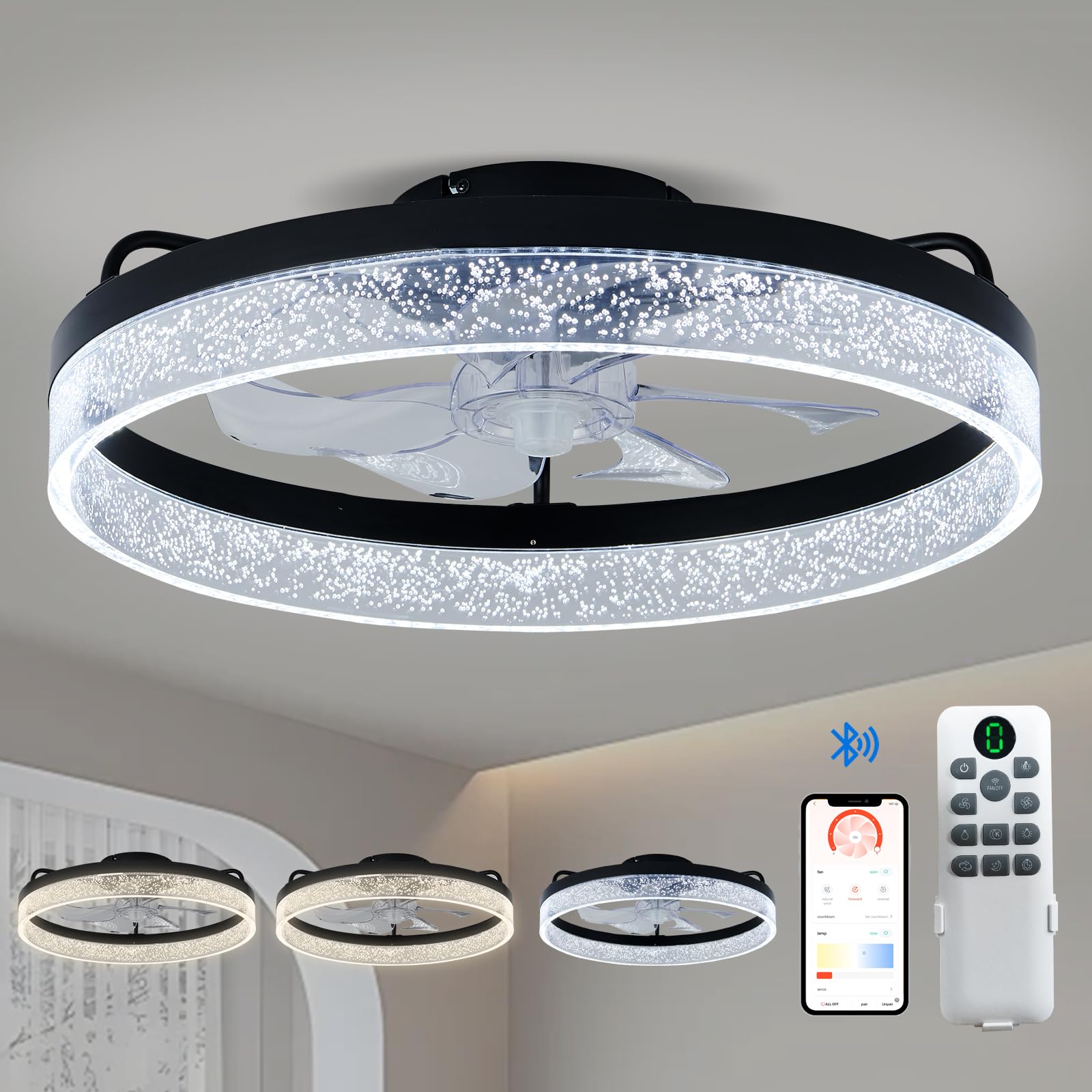 LANMEL Modern Ceiling Fans with Lights and Remote,20 Low Profile Ceiling Fan with Light,7 Blades Flush Mount Ceiling Fan with Li