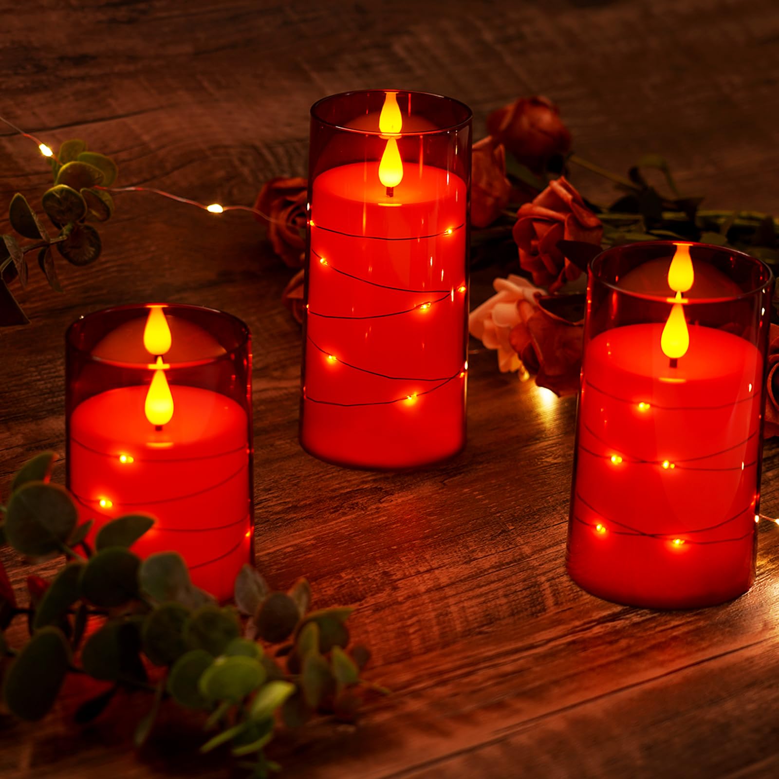 Amagic Red Flameless Candles 3 Set, Flickering Battery Operated Candles Embedded Fairy String Light, Realistic Pillar Candle Wit