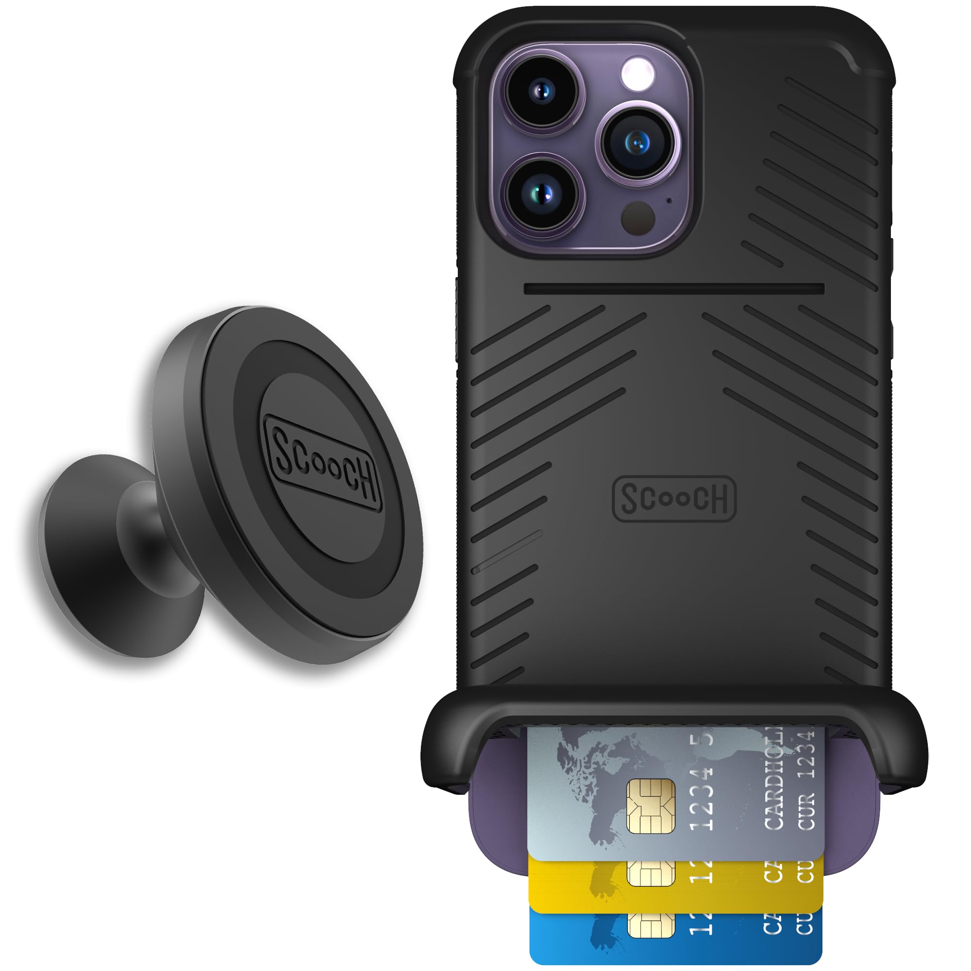 Scooch for iPhone 14 Pro Max Case with Card Holder, Wingmate Wallet Case Black, Bundled with Wingmount Magnetic Car Mount