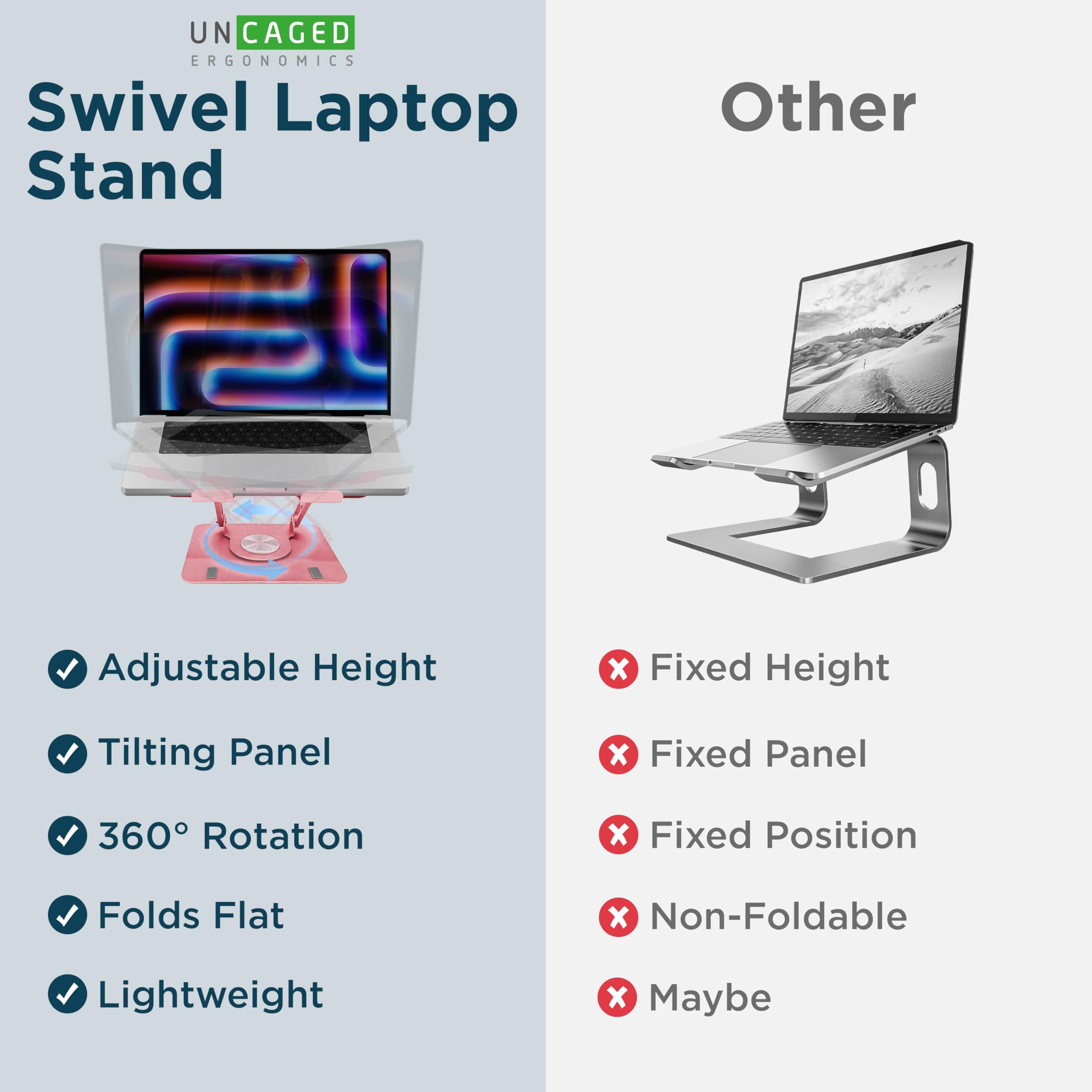 Uncaged Ergonomics Swivel Laptop Stand For Desk, Adjustable Computer Ipad Stand For Desk W/ 360 Rotation, Portable Laptop Holder