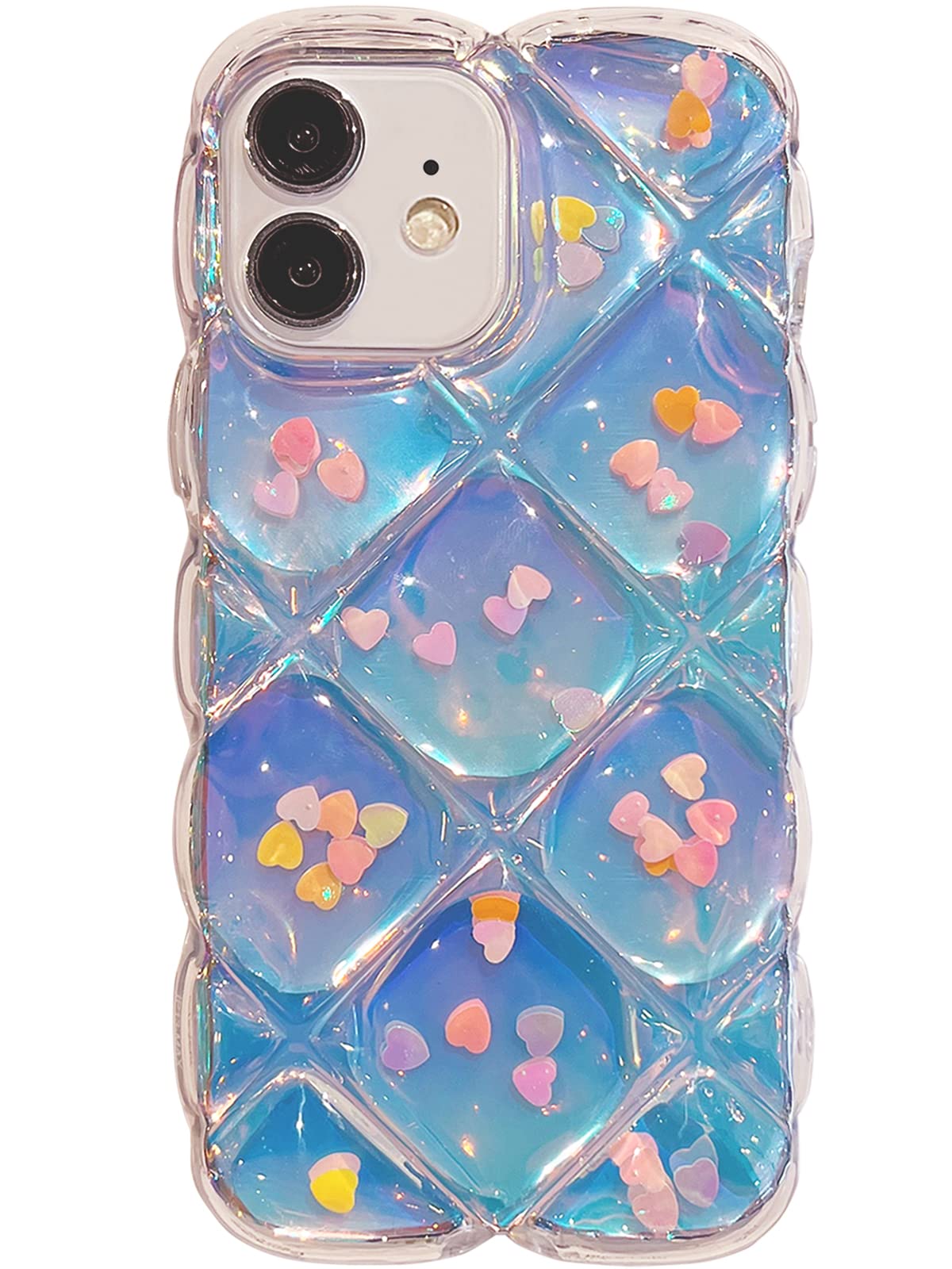 Qokey iPhone 11 Case Laser Love Heart Glitter Shockproof Wave Frame TPU Clear 6.1 inch