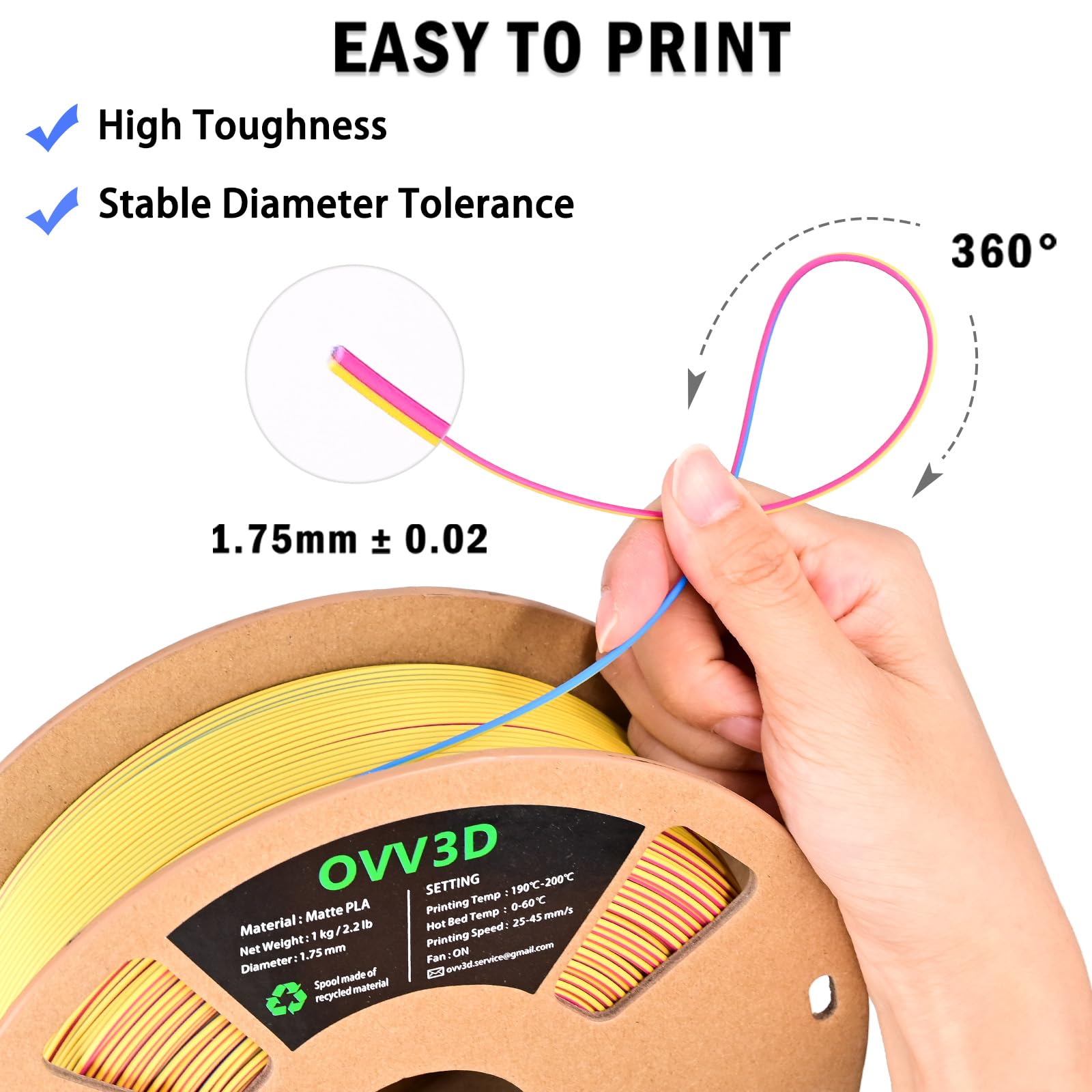 Ovv3D Pla Filament 1.75Mm, Rainbow Pla Filament Matte Tri Color 3D Printer Filament, Macaron 3D Printing Filament Red Yellow Blu