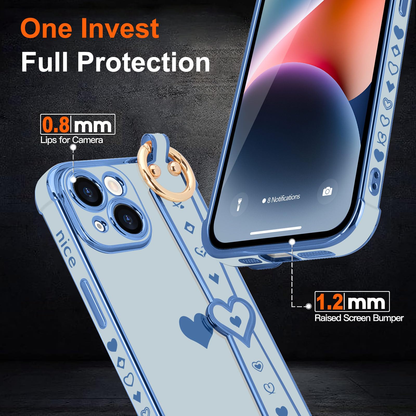 Llz.Coque For Iphone 14 Plus Case Cute Love Heart Plating Strap Phone Cover For Women Girls Bling Soft Silicone Camera Lens Prot