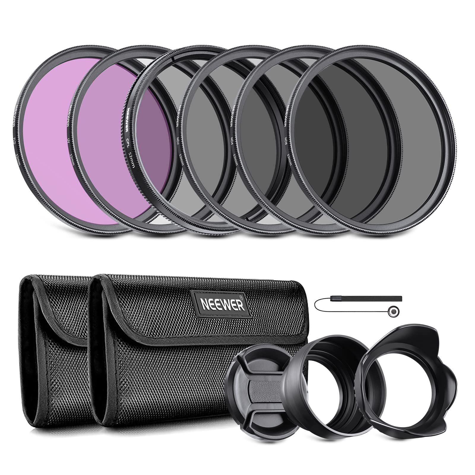 NEEWER 52mm ND Lens Filter Kit: UV, CPL, FLD, ND2, ND4, ND8, Lens Hood and Lens Cap Compatible with Canon Nikon Sony Panasonic D