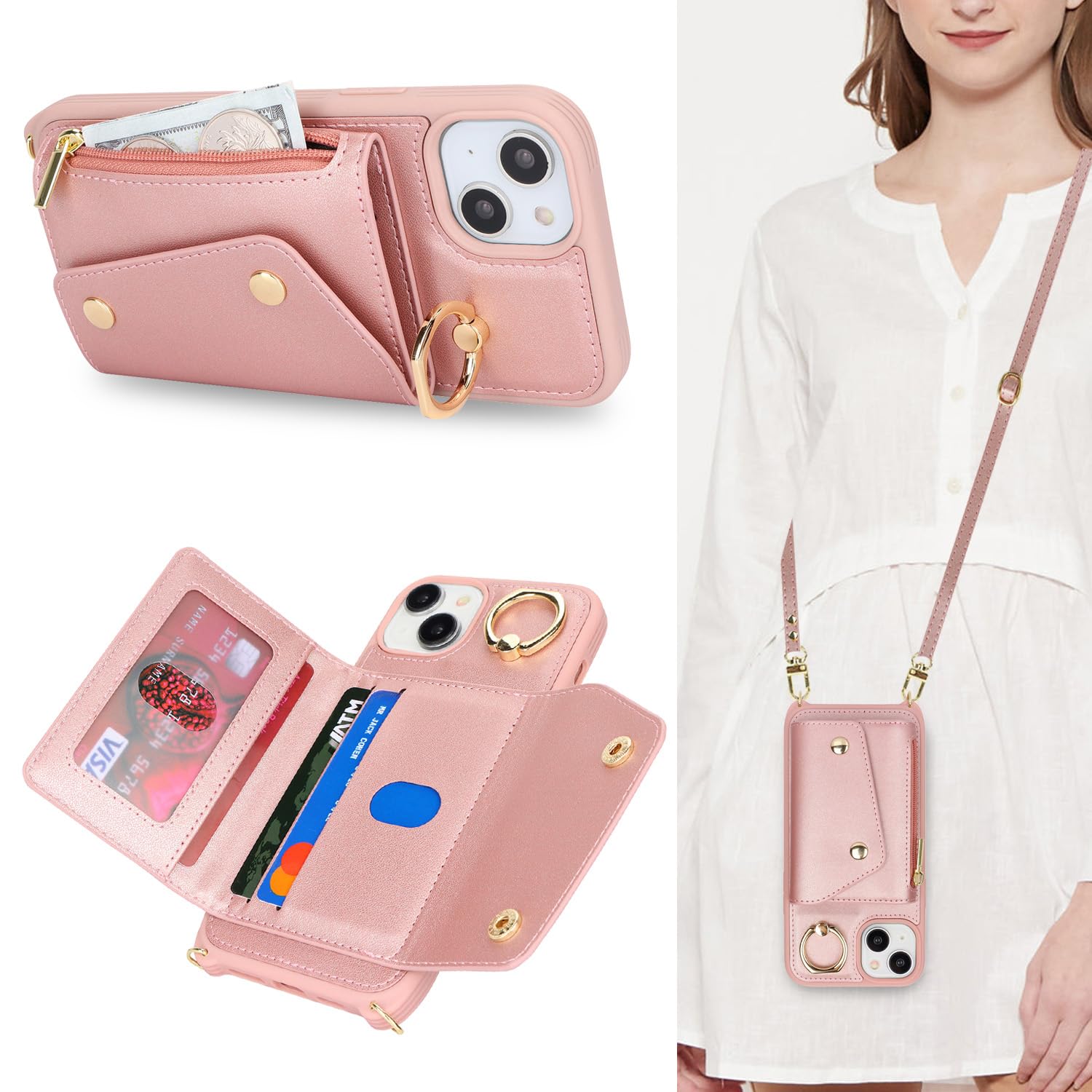 Lipvina for iPhone 15 Plus Case with Card Holder and Strap - Zipper Pocket,Crossbody Lanyard Strap,Credit Card Holder,Stand Ring