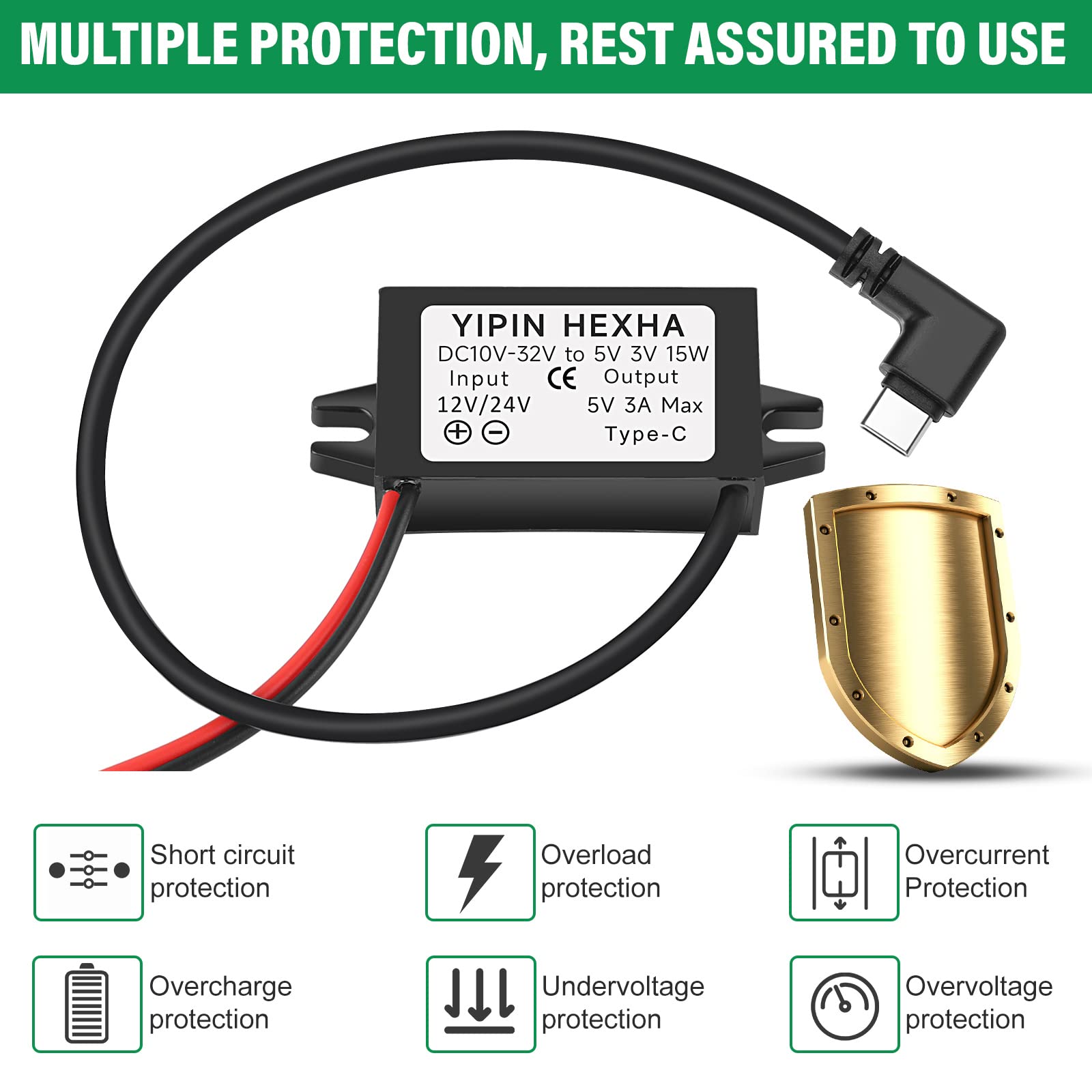 Yipin Hexha Dc 24V/12V To 5V Usb Type C Right Angle Step Down Converter Output 3A 15W Buck Module Power Adapter, Compatible With