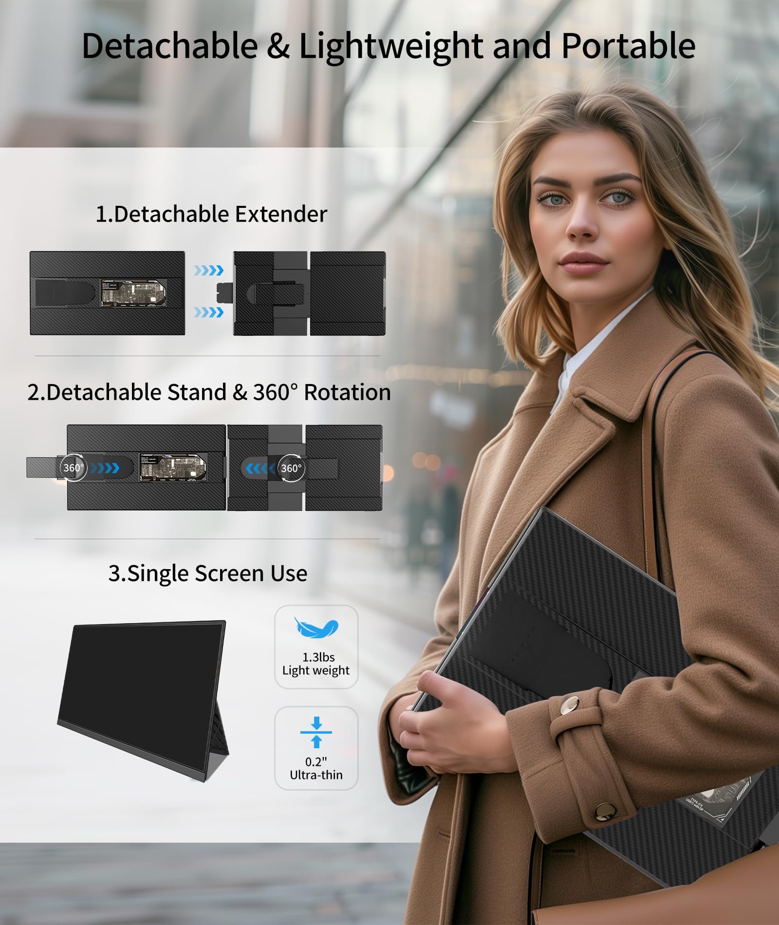 Cevaton Laptop Screen Extender   15.6'' Fhd 1080P Portable Monitor For Laptop, Detachable & Plug And Play Dual Laptop Monitor Ex