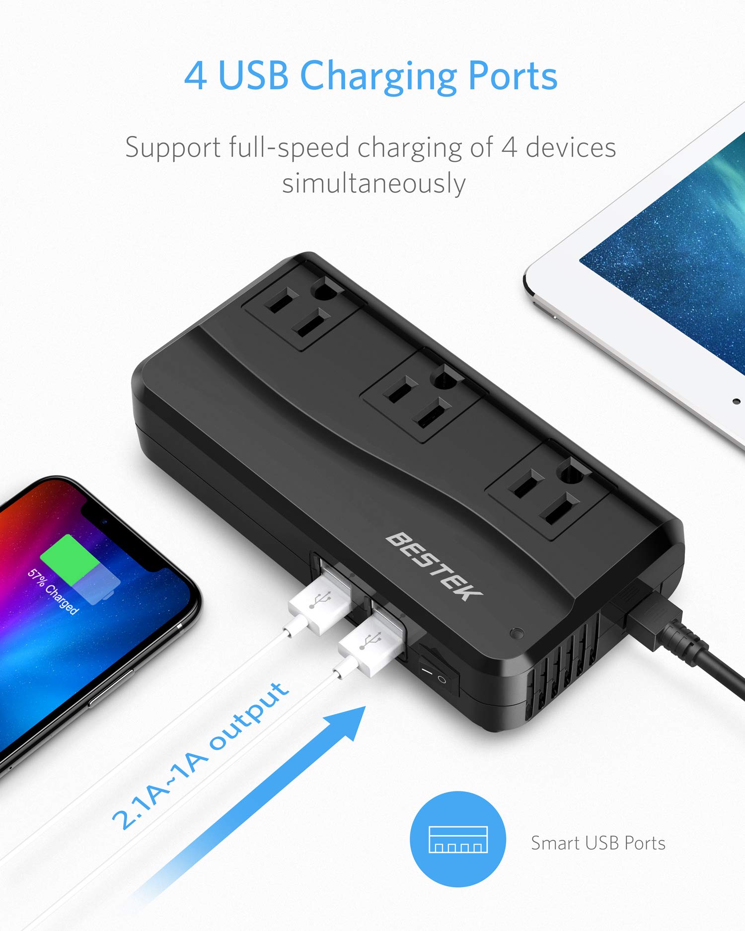 Bestek 200W Power Inverter Dc 12V To 110V Ac Inverter With 4.2A 4 Port Usb Car Adapter (Black)