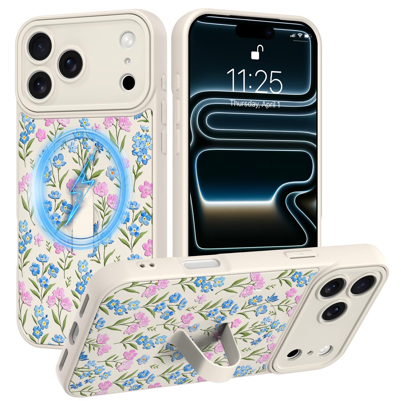 SOKAD Magnetic Floral Case for iPhone 17 Pro with Finger Strap Kickstand, Compatible with Magsafe, Cute Garden Flower Designed f