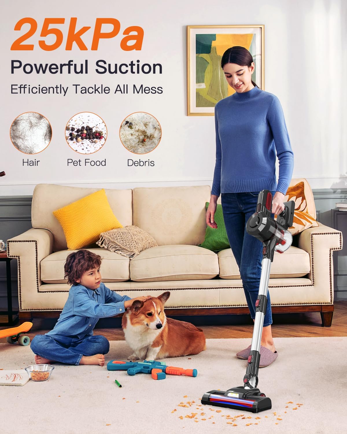 Ziraukon Cordless Vacuum Cleaner, 25Kpa 210W Brushless Motor Stick Vacuum With 45 Mins Long Runtime Detachable Battery, 4 In 1 L