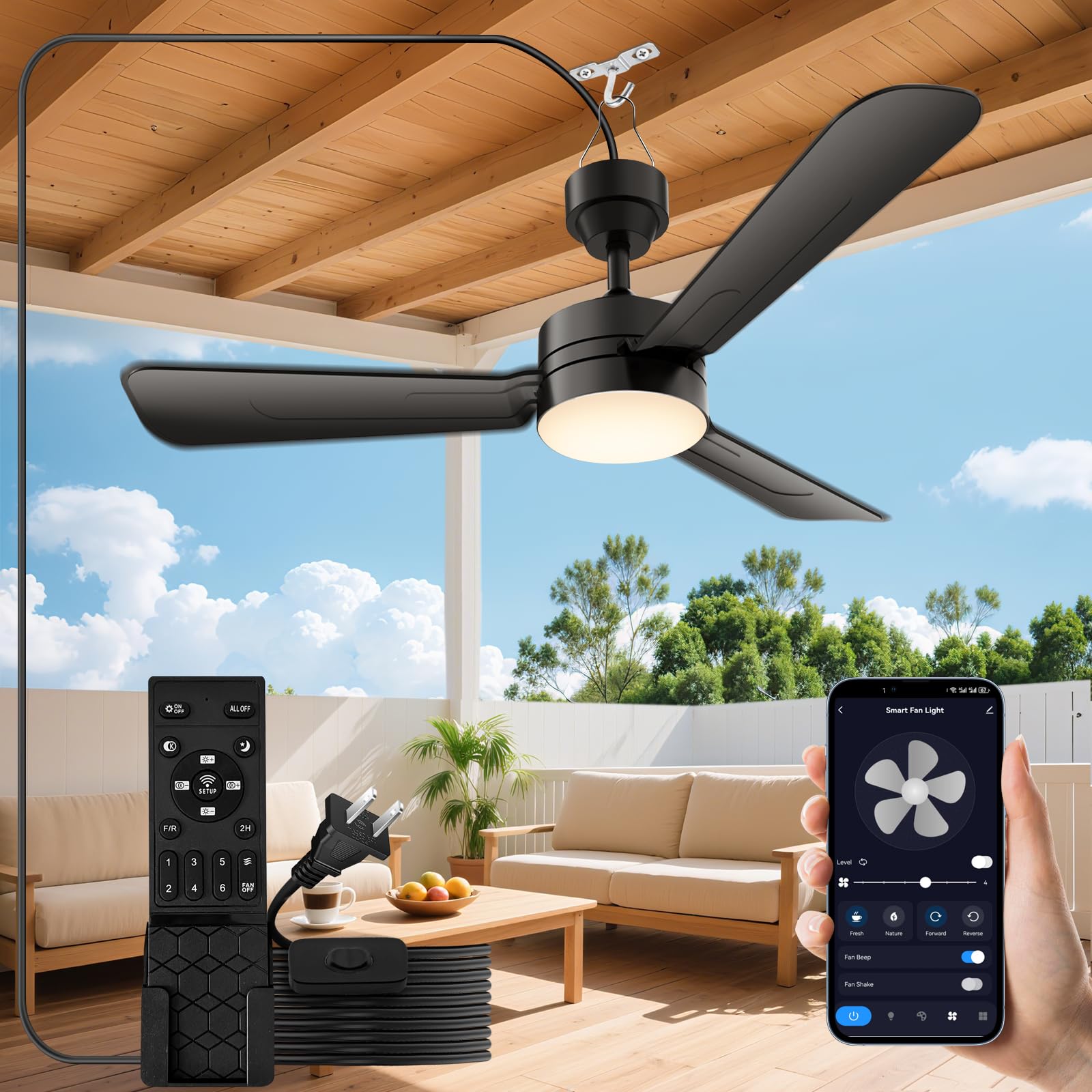 PBLALA Ceiling Fans with Lights,36 Gazebo Fan Light,Plug in Ceiling Fan Light,Hanging Fan with Hook,Hook Type Ceiling Fan,40W,30