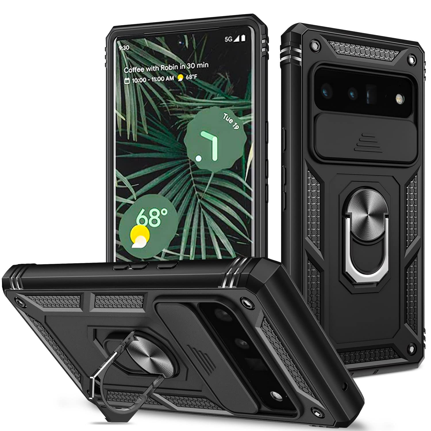 Fetrim Google Pixel 6 Pro Case   Black, Dual Layer Shockproof, Camera Cover, Rotation Ring Stand, Magnetic Car Mount