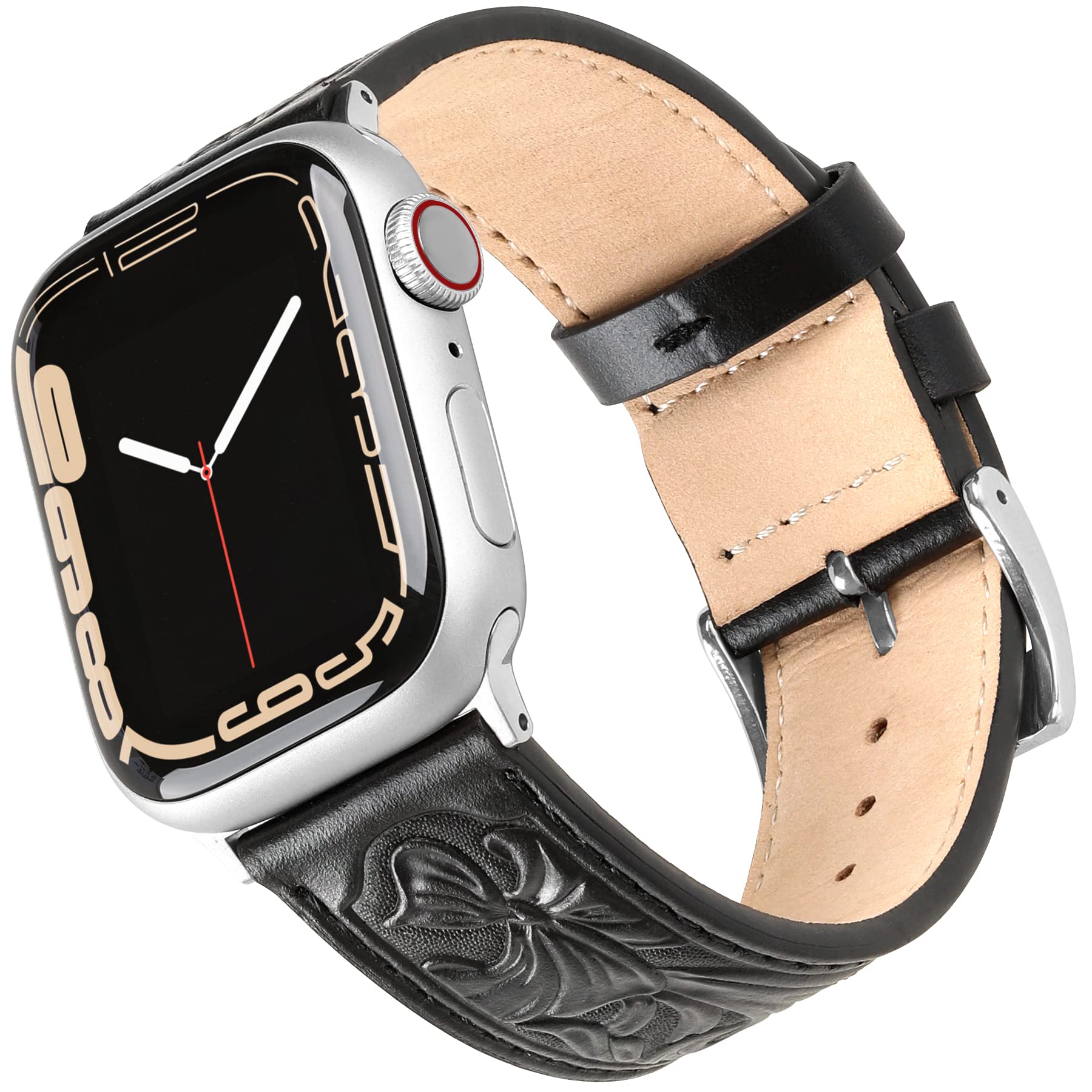 Falandi For Apple Watch Band Leather Black 46Mm 45Mm 44Mm, Western Retro Leather Classical Replacement Smart Watch Band For Iwat