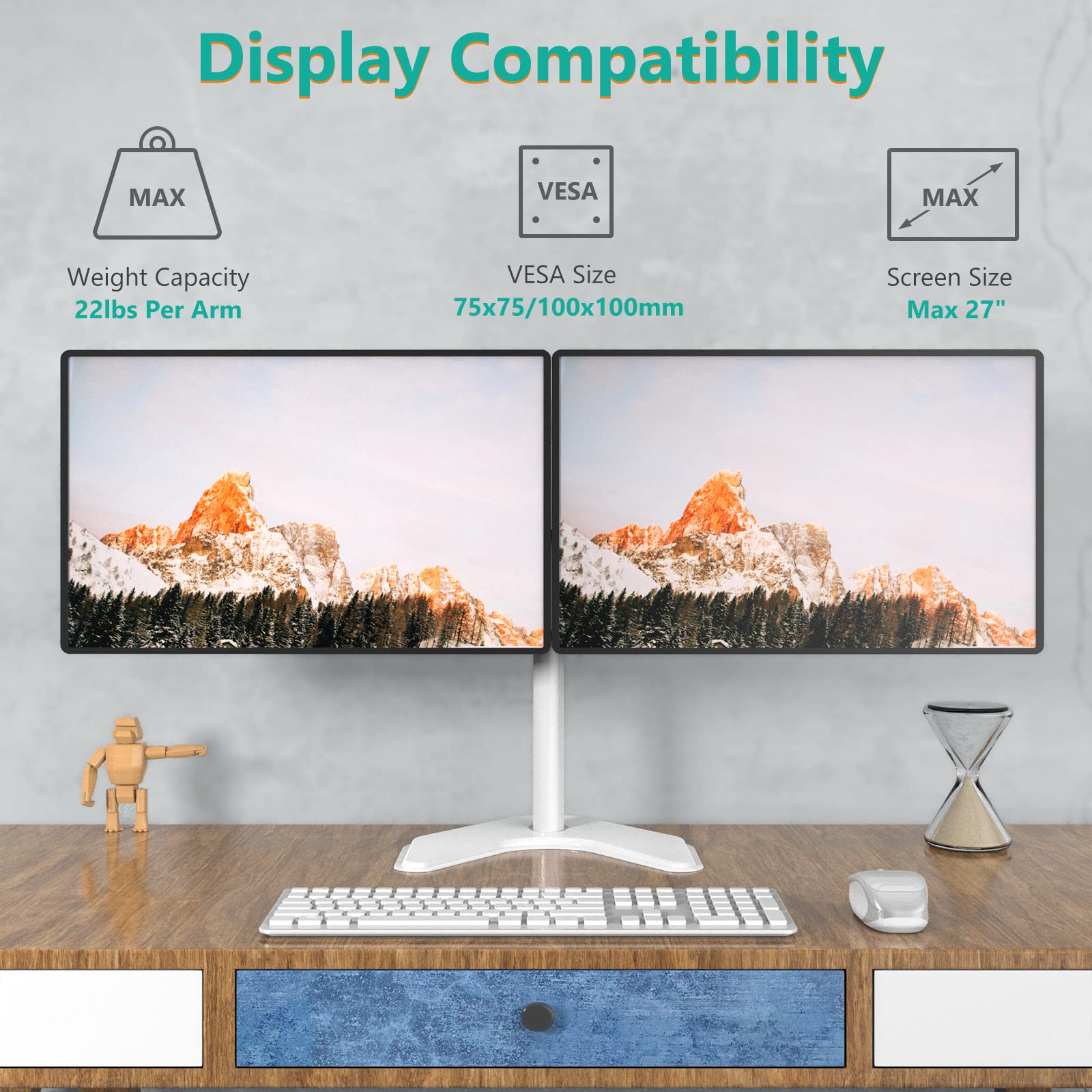 WALI Dual Monitor Stand, Free Standing Desk Mount for 2 Monitors up to 27 inch, 22 lbs. Weight Capacity per Arm, Fully Adjustable with Max Mounting Pattern 100x100mm (MF002 W), White