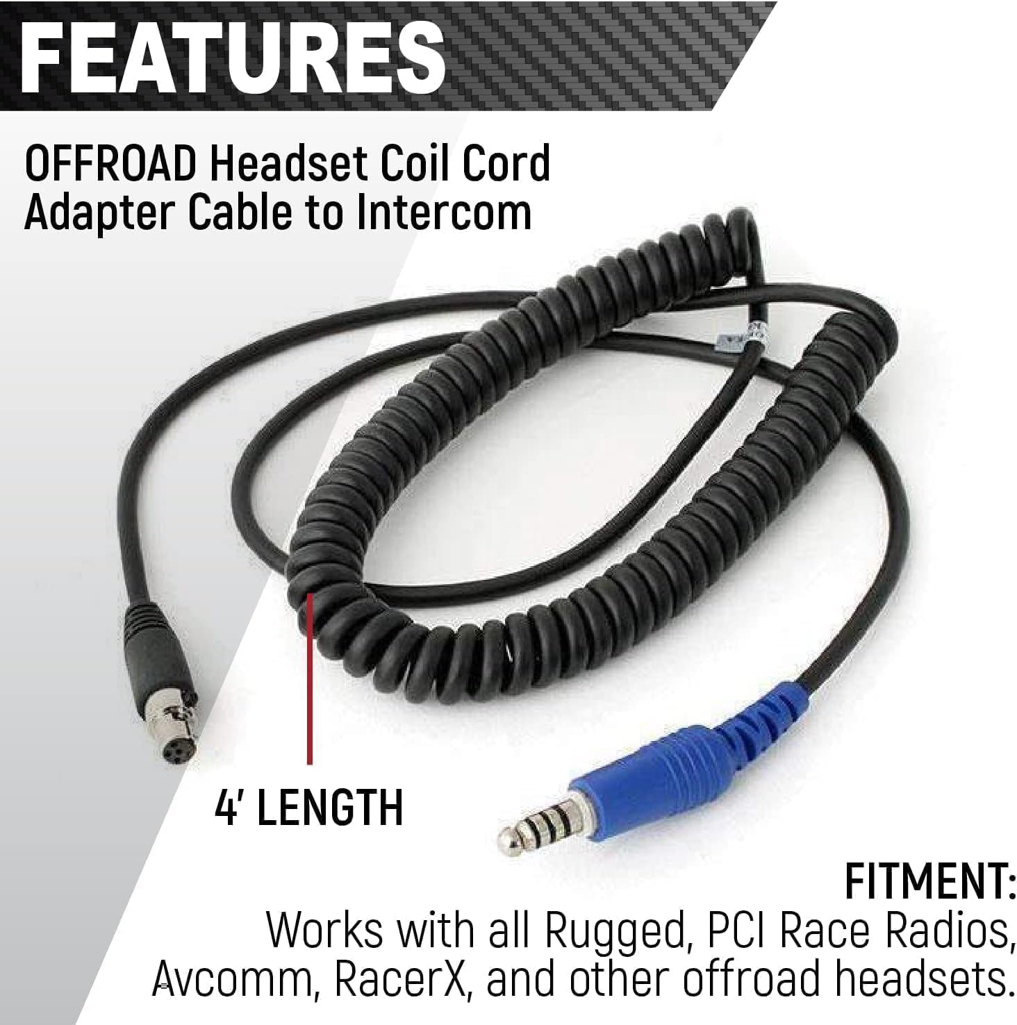 Rugged Carbon Fiber Behind The Head Headset And Adaptor Cable For Intercoms - Features 5-Pin To Off Road Coil Cord And Volume Co