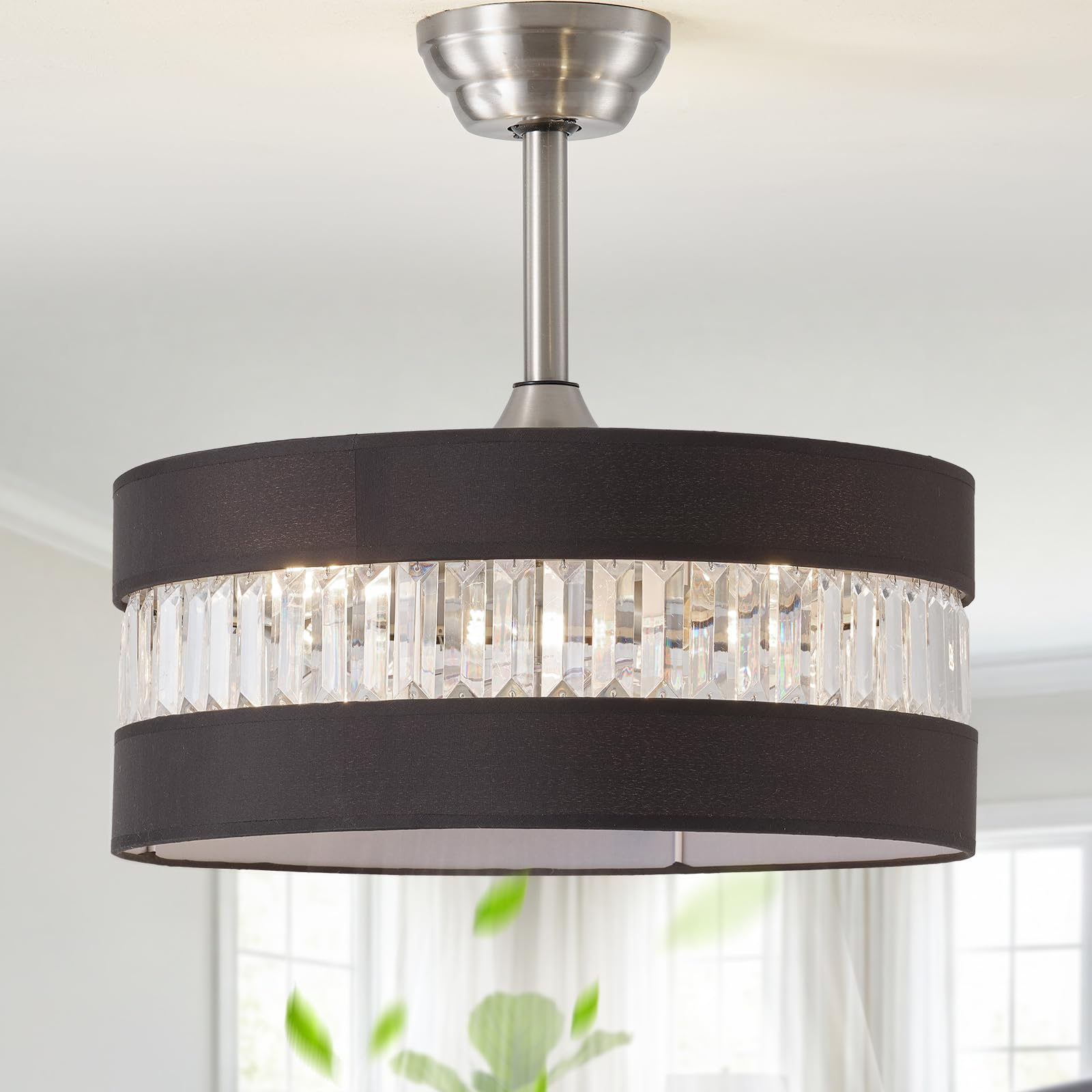 MizWacky Black and Silver Crystal Fandelier Ceiling Fans with Lights, 20 Farmhouse Rustic Ceiling Fan with Light Remote Control,