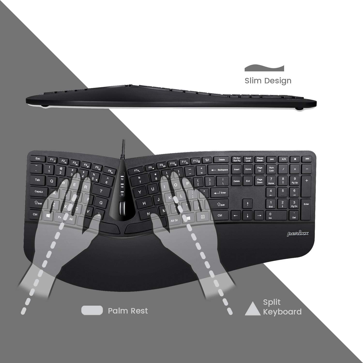 Perixx Periduo 505, Wired Usb Ergonomic Split Keyboard And Vertical Mouse Combo With Adjustable Palm Rest And Short Tactical Membrane Keys, Us English Layout