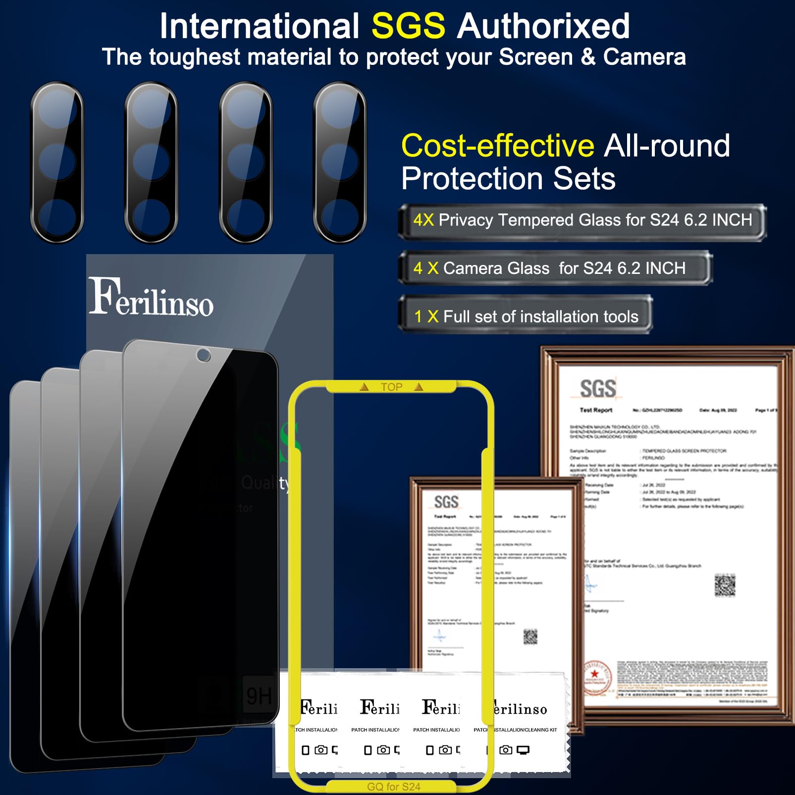 Ferilinso 4 Pack Privacy Screen Protector For Samsung Galaxy S24 With 4 Pack Tempered Glass Camera Lens Protector Phone Case Fri