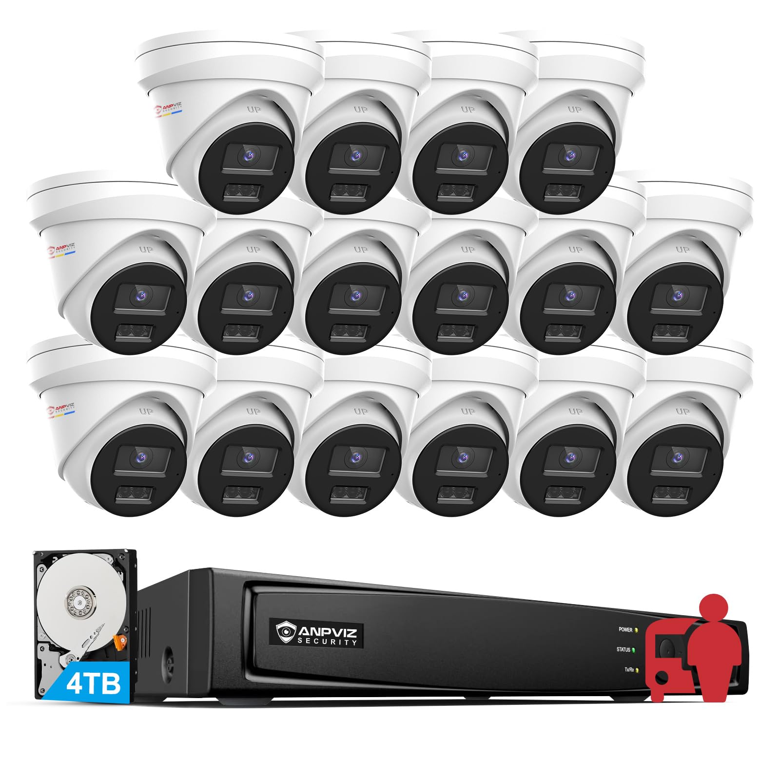 Anpviz 16Ch 4K Poe Security Camera System Commercial, Human Vehicle Detection, 16Pcs H.265+ Wired 8Mp Ip Cameras Outdoor With Mic, Smart Color Night Vision, With 4Tb Hdd For 24/7 Recording(H Series)
