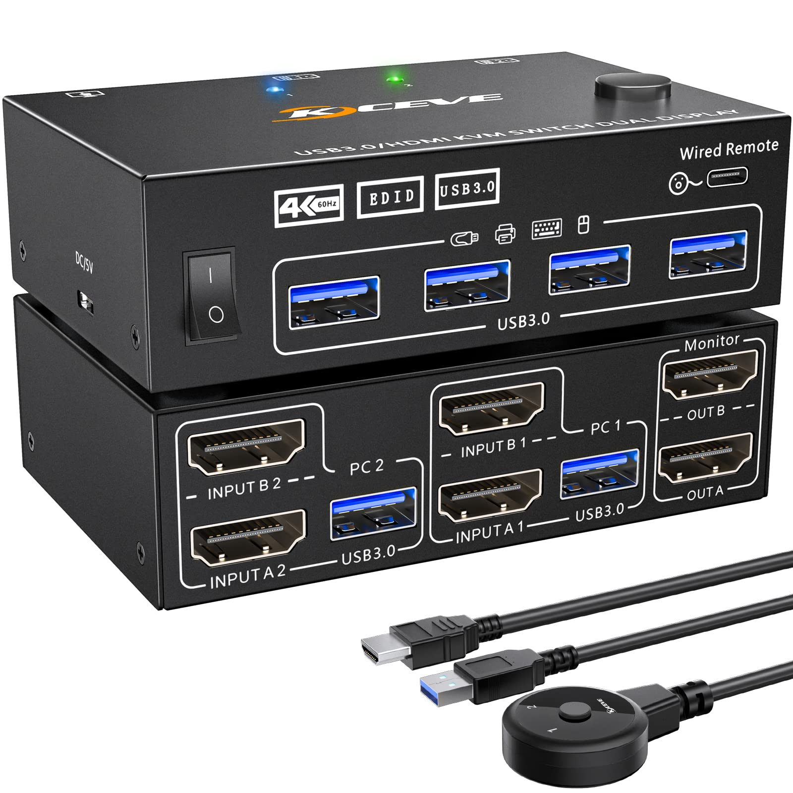 Dual Monitor Kvm Switch 2 Port 4K@60Hz 2K@144Hz Simulation Edid,Hdmi Usb 3.0 Switch Extended Display 2 Monitors 2 Computers With