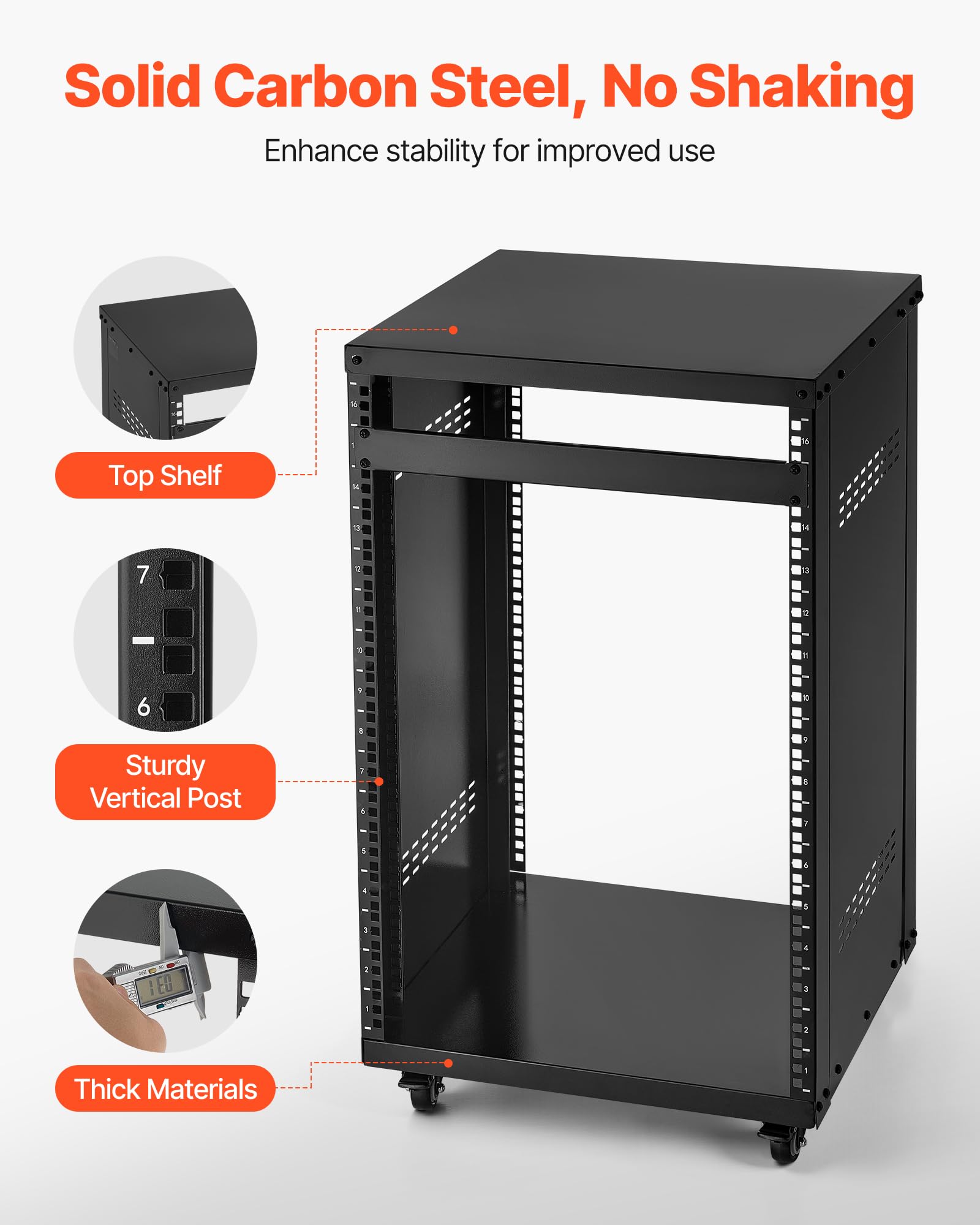 Vevor 16U Av Rack, Recording Studio Rack Cabinet, Open Frame Server Rack With Locking Caster Wheels, Removable Side Panels & Ven