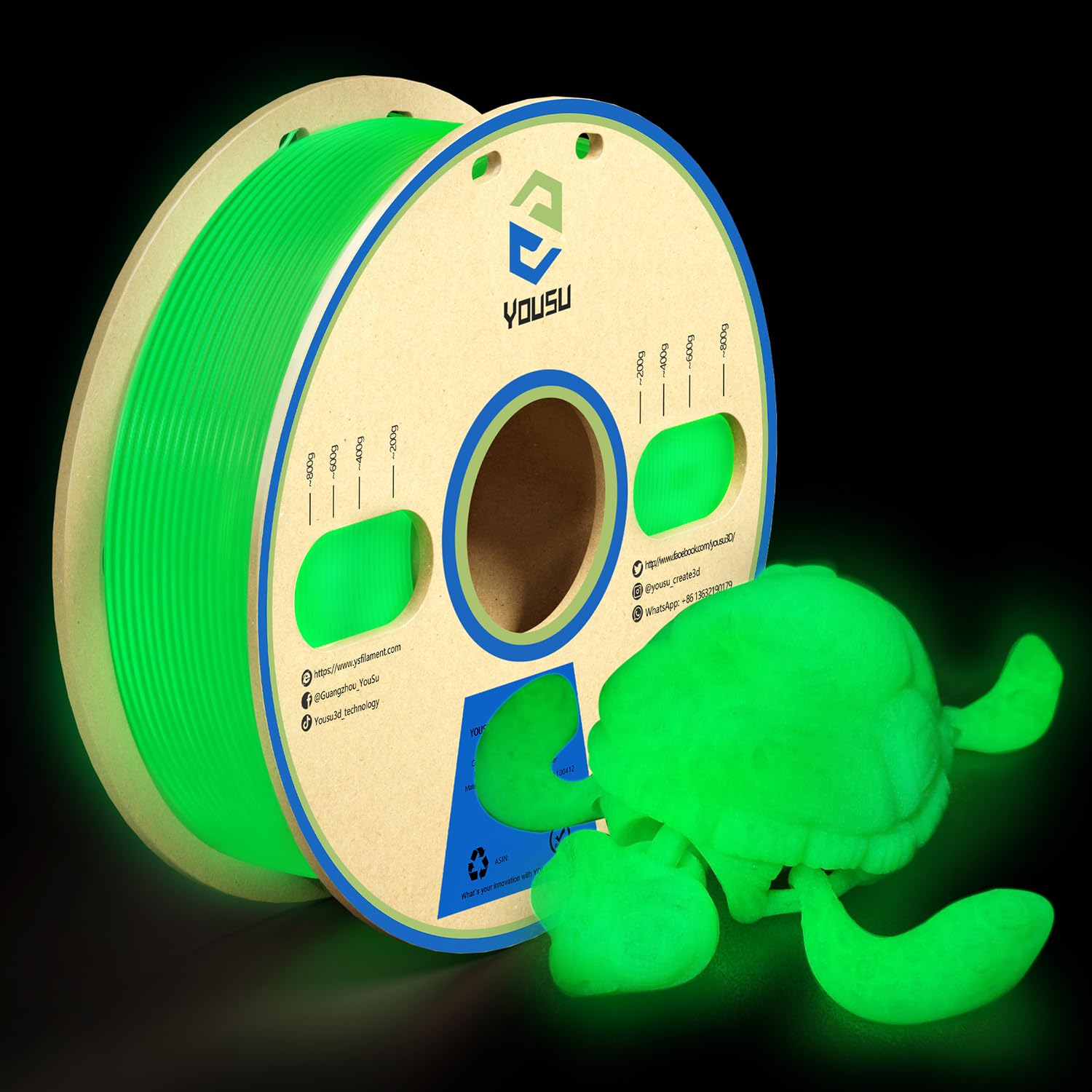 YOUSU Glow in The Dark Light Green PLA Filament 1.75mm, Luminous PLA 3D Printer Filament, Dimensional Accuracy +/- 0.03mm, 1kg(2