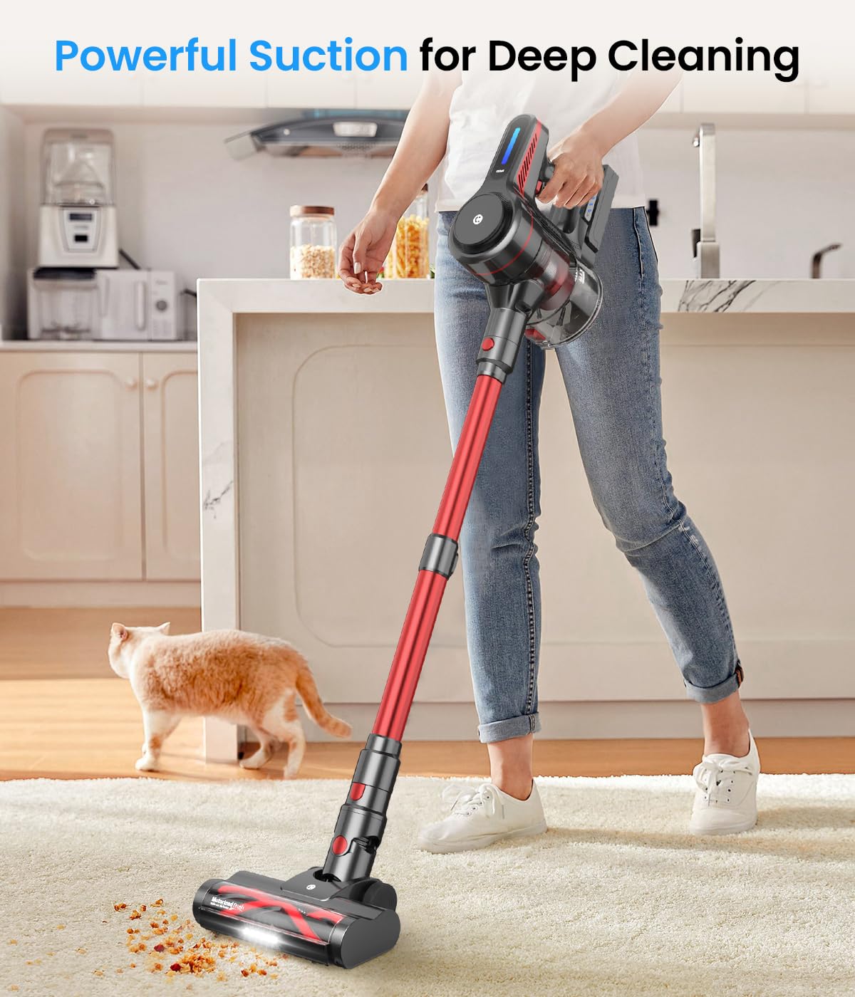 Chebio Cordless Vacuum Cleaner, Stick Vacuum With Powerful Suction, 45Mins Runtime Vacuum Cleaners For Home, Anti Tangle And 1.5