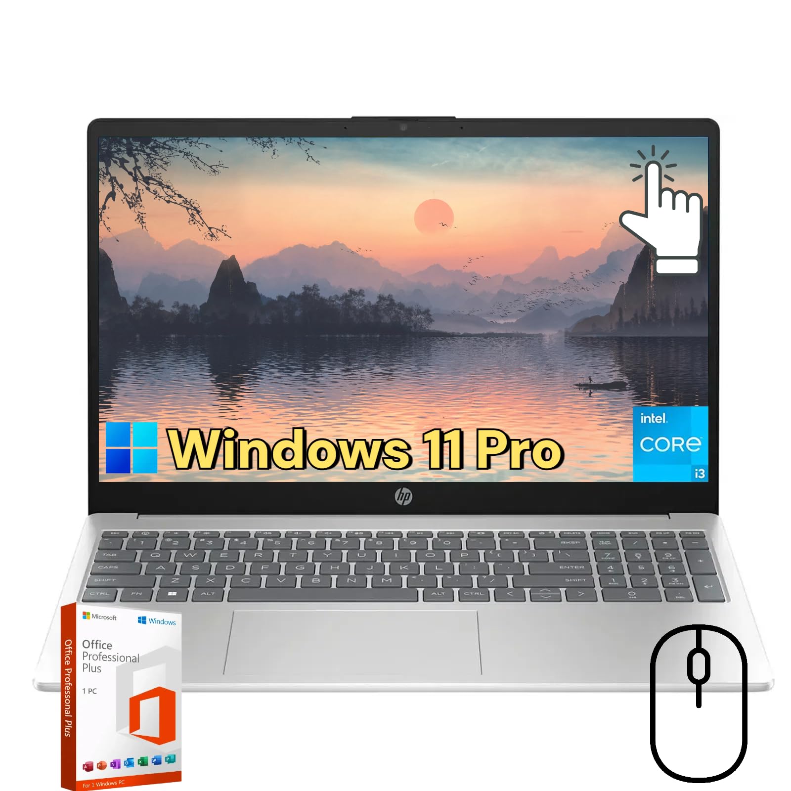 HP 15.6 Portable Touchscreen Laptop - Windows 11 Pro & Microsoft Office, HD Display, Intel Core i3-1215U (up to 4.4GHz), 16GB RA