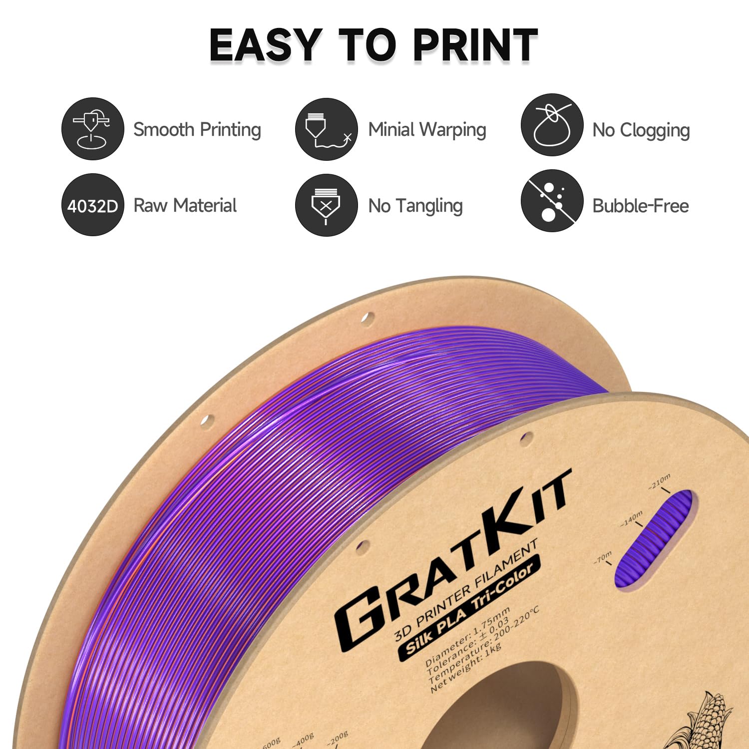 Gratkit Silk Tri-Color Pla Filament,Coextrusion Pla Filament 1.75Mm, -0.03Mm, 1Kg/Roll, Silk Pla Purple & Orange & Green